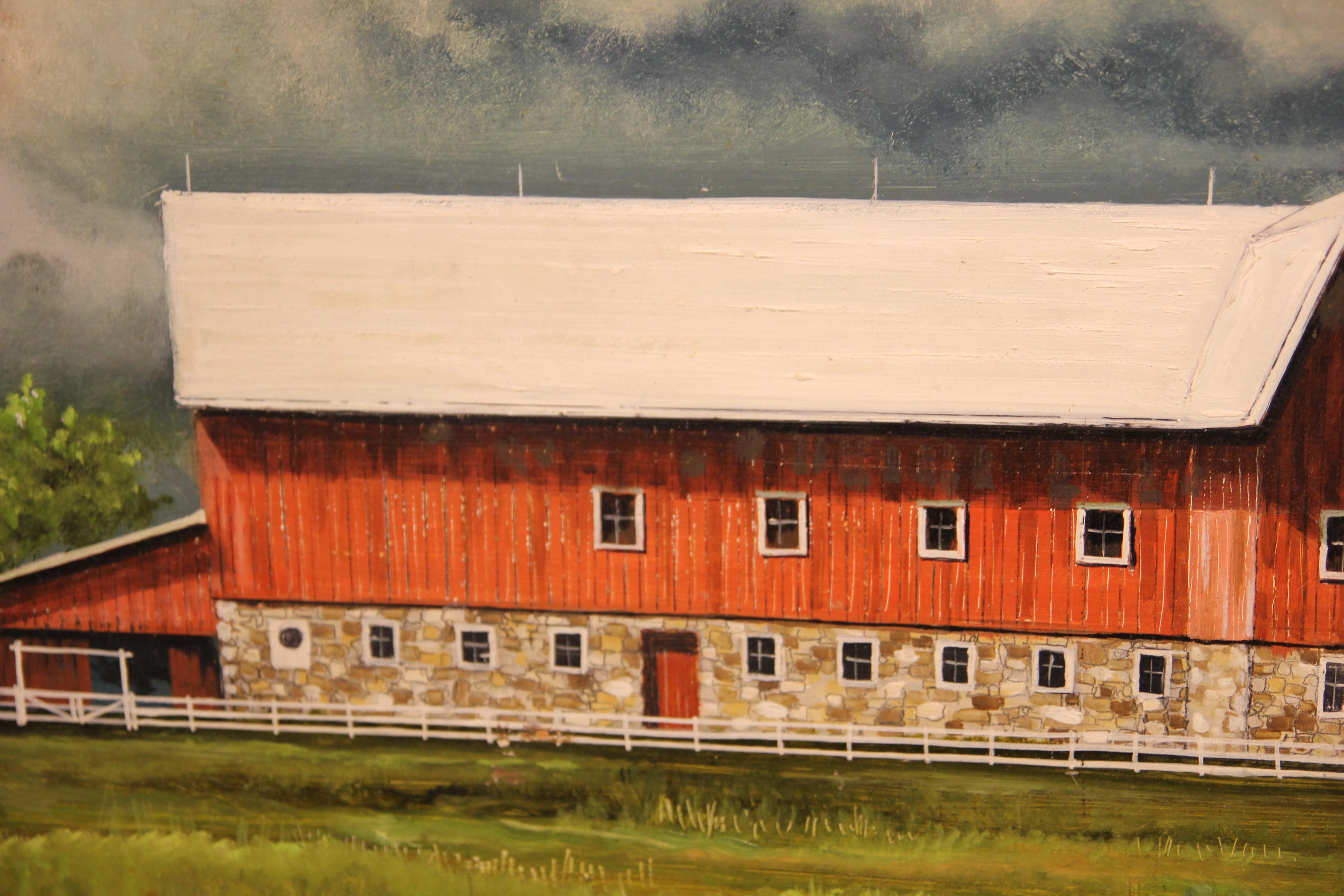 Naturalistic pastoral scene of a passing thunderstorm over a red barn and grain silos. Signed and dated in lower right corner and titled on the reverse. Hung in a complimentary brown frame with a cream matte. 

Dimensions Without Frame: H 24 in. x W