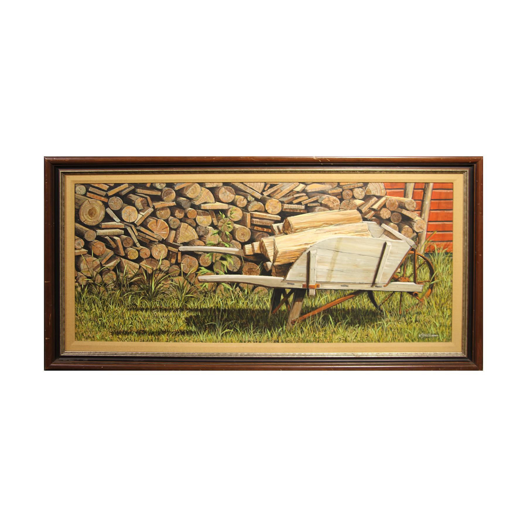 Naturalistic Wood and Wheel Barrow Pastoral Country Still Life Painting