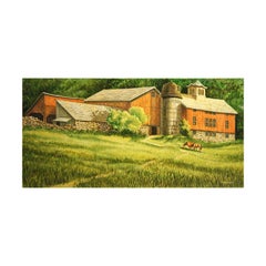 Vintage Naturalistic Red Barn and Horses in a Field Pastoral Country Landscape Painting