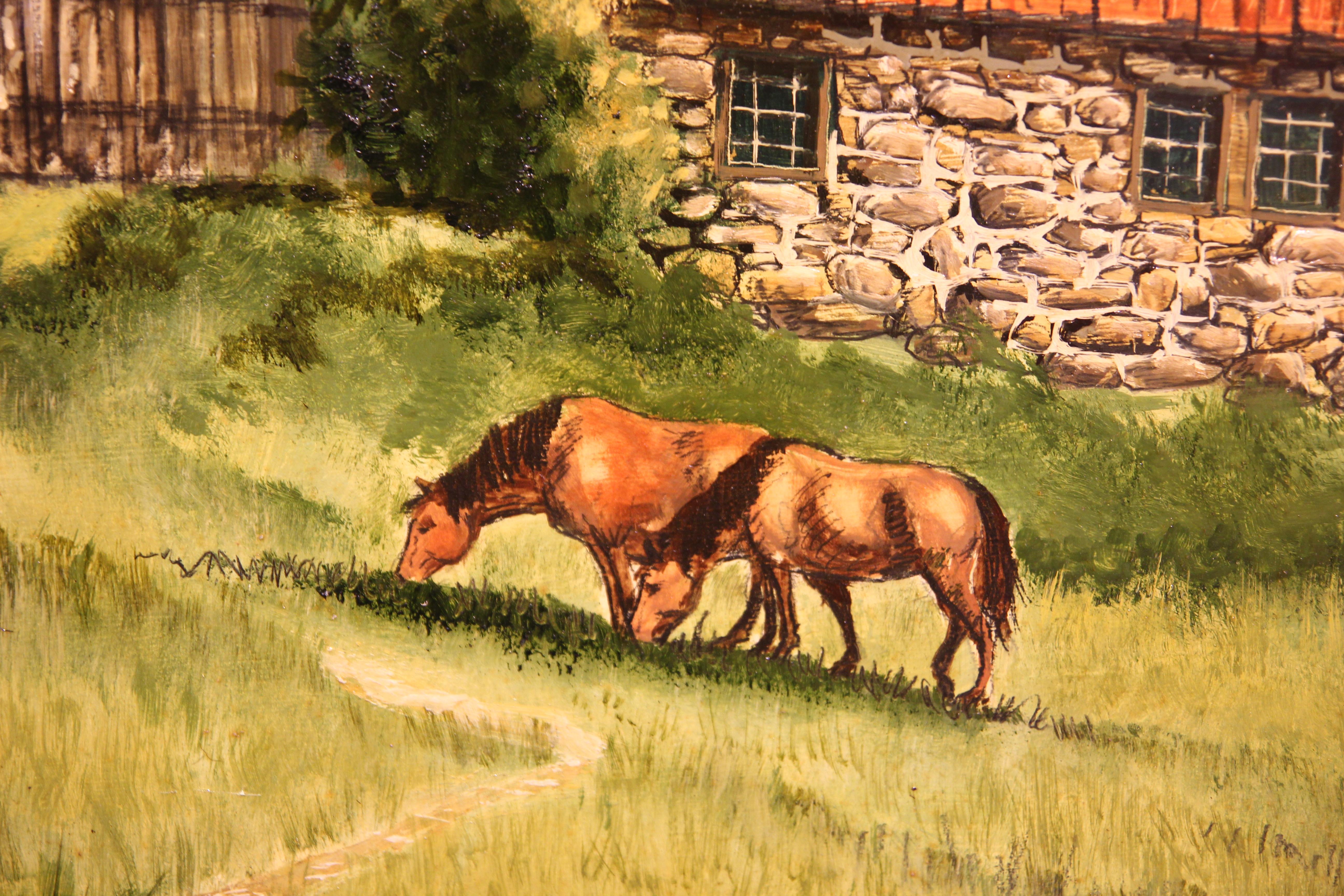 Naturalistic Red Barn and Horses in a Field Pastoral Country Landscape Painting - Brown Animal Painting by W. R. Stevenson