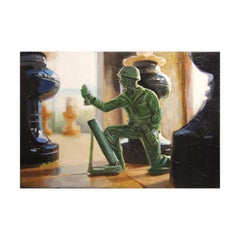 Vintage "Lone Pawn" Soft Still Life Oil Painting of Chess Pieces and Green Army Man