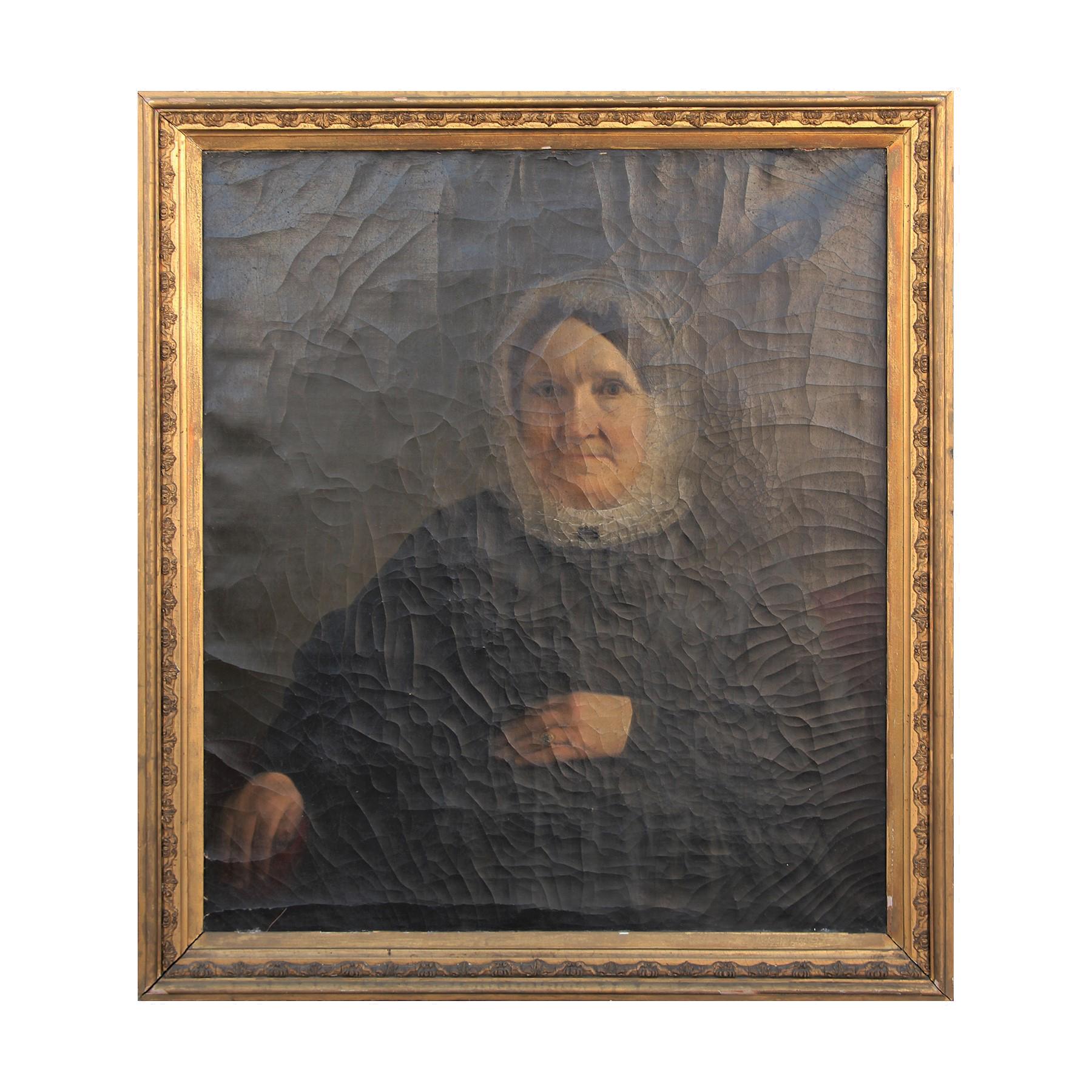 Figurative Painting Edward Ludlow Mooney - Portrait réaliste assis d'une femme coloniale âgée dans une robe noire et un bonnet