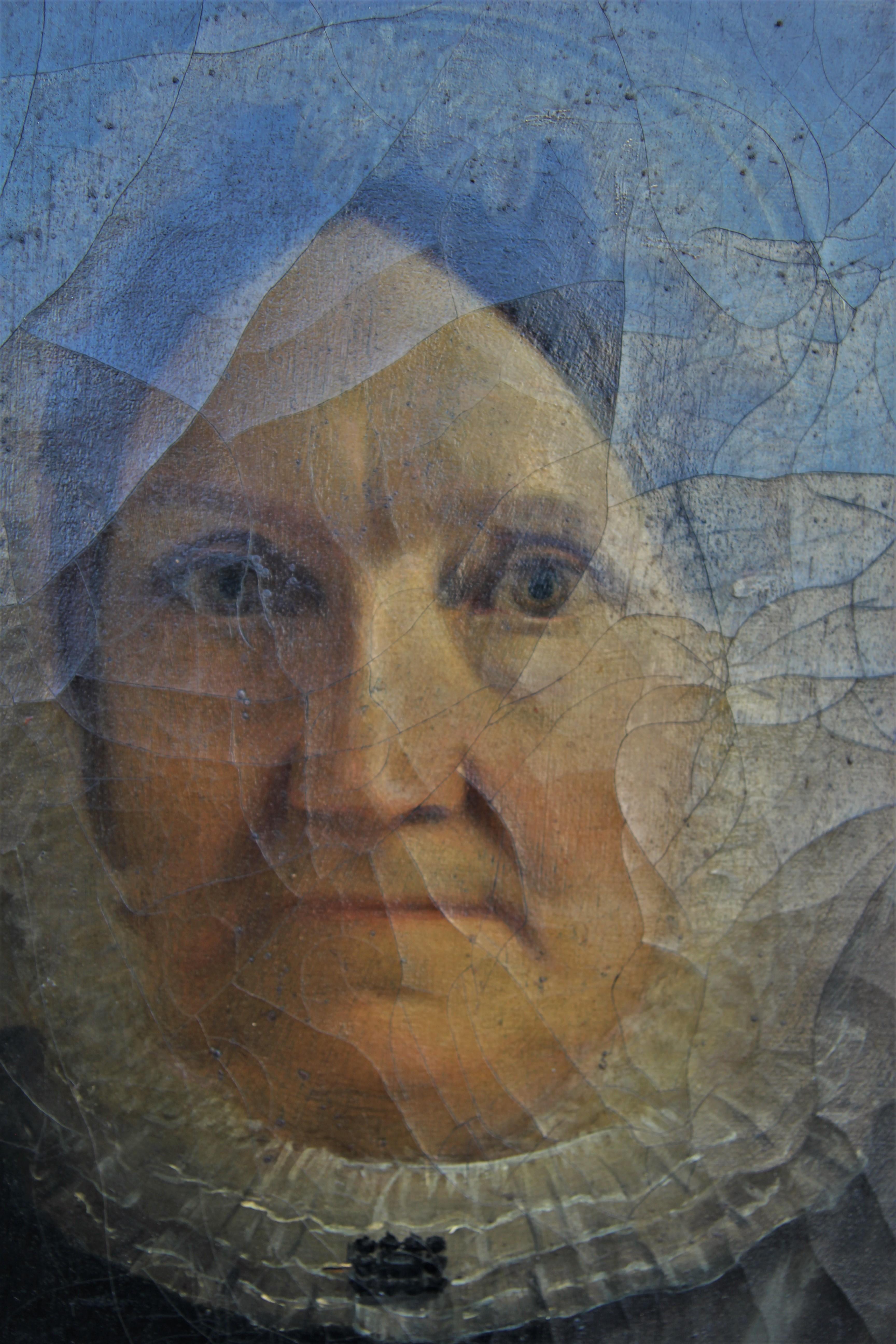 Portrait réaliste assis d'une femme coloniale âgée dans une robe noire et un bonnet - Painting de Edward Ludlow Mooney