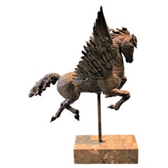 Mythical Pegasus Flying Horse Brass Statue and Fossil Marble Base