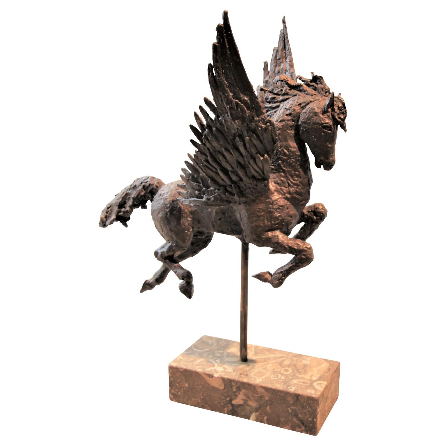Mythical Pegasus Flying Horse Brass Statue and Fossil Marble Base - Sculpture by W. R. Stevenson
