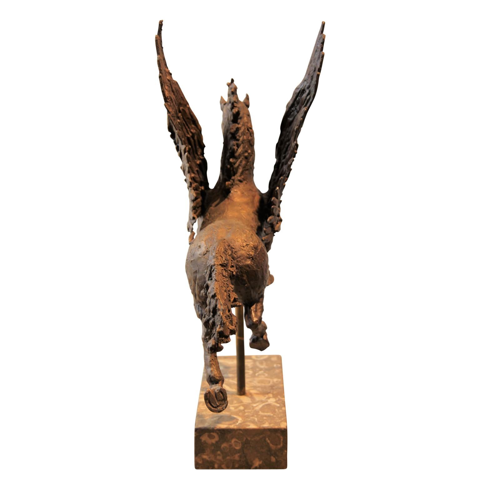 Mythical Pegasus Flying Horse Brass Statue and Fossil Marble Base - Abstract Sculpture by W. R. Stevenson