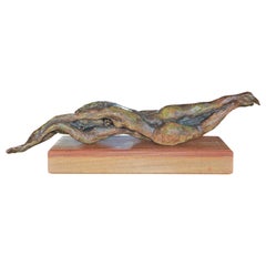 Vintage Earth Toned Abstract Twisted Nude Figures Sculpture and Wood Base