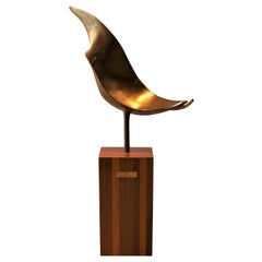 "Bird" Abstract Bronze Sculpture with Wooden Base