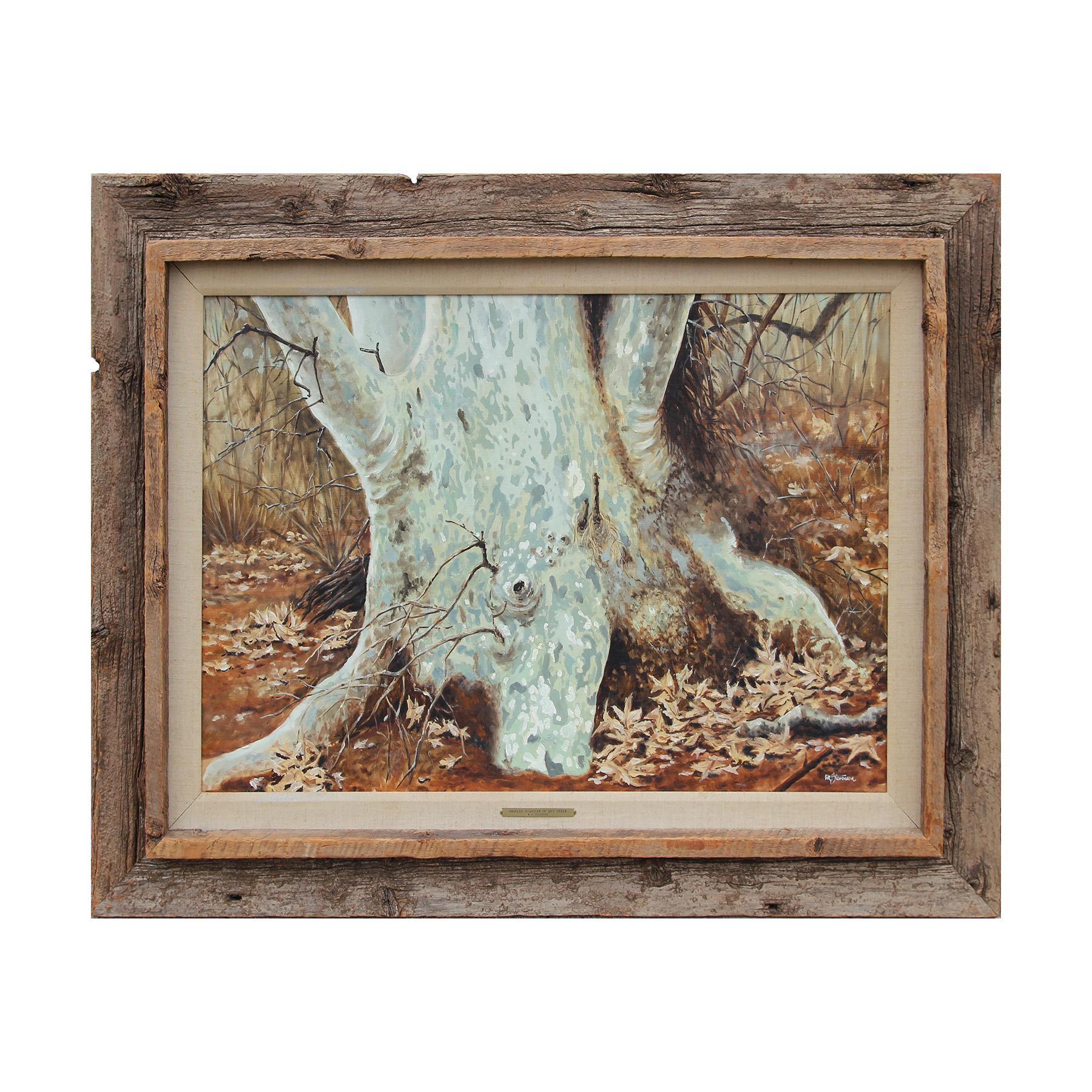 W. R. Stevenson Landscape Painting - "Gnarled Guardian of Dry Creek" Naturalistic Forest Tree Stump Painting