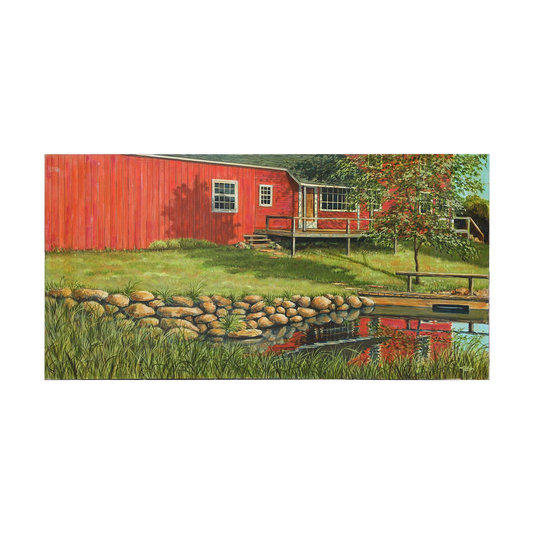 Peinture naturaliste de paysage champêtre rouge à la grange et à la rivière