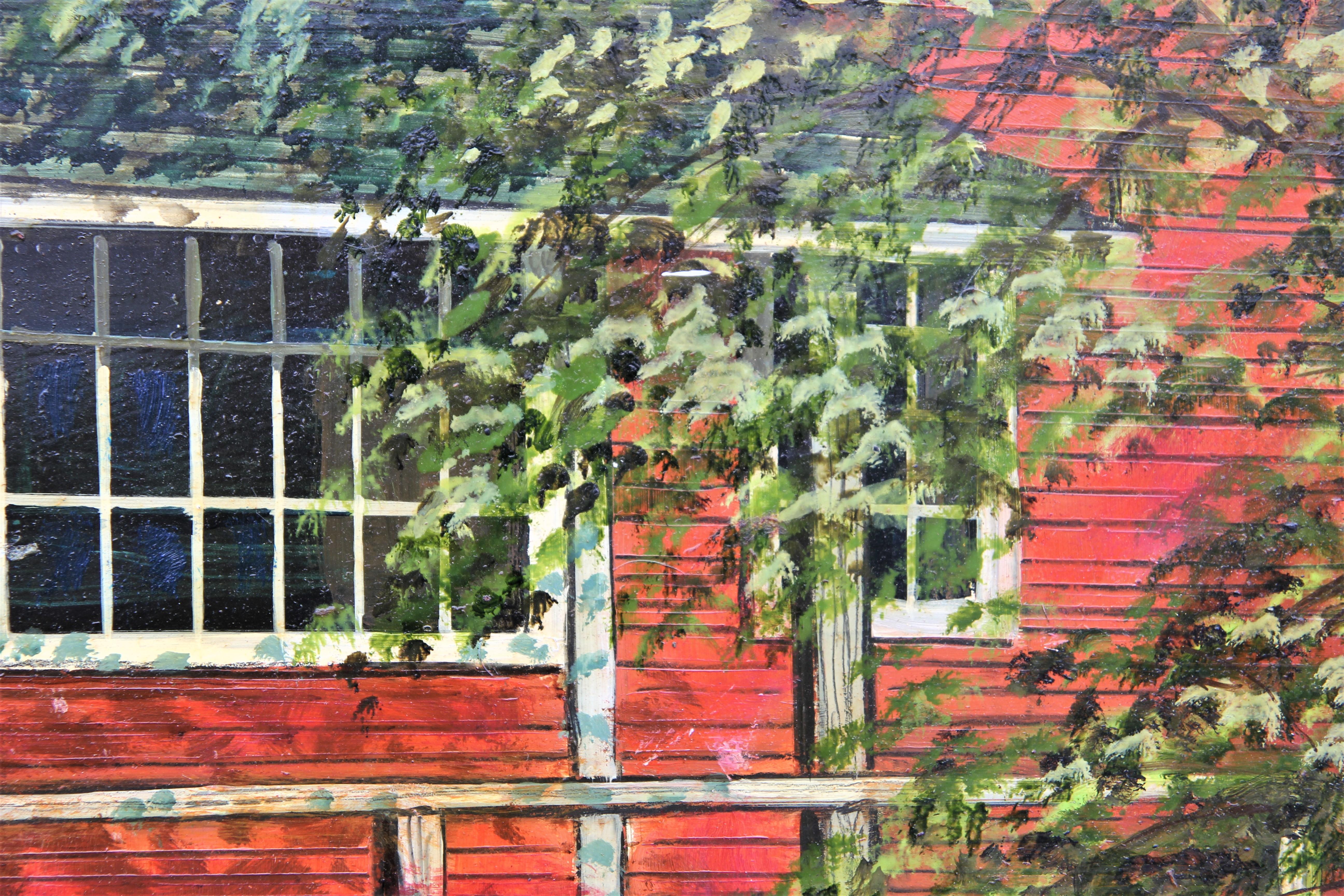 Peinture naturaliste de paysage champêtre rouge à la grange et à la rivière - Marron Abstract Painting par W. R. Stevenson