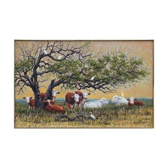 Vintage Naturalistic Portrait of Cattle Egrets and Cows in a Field Country Landscape 