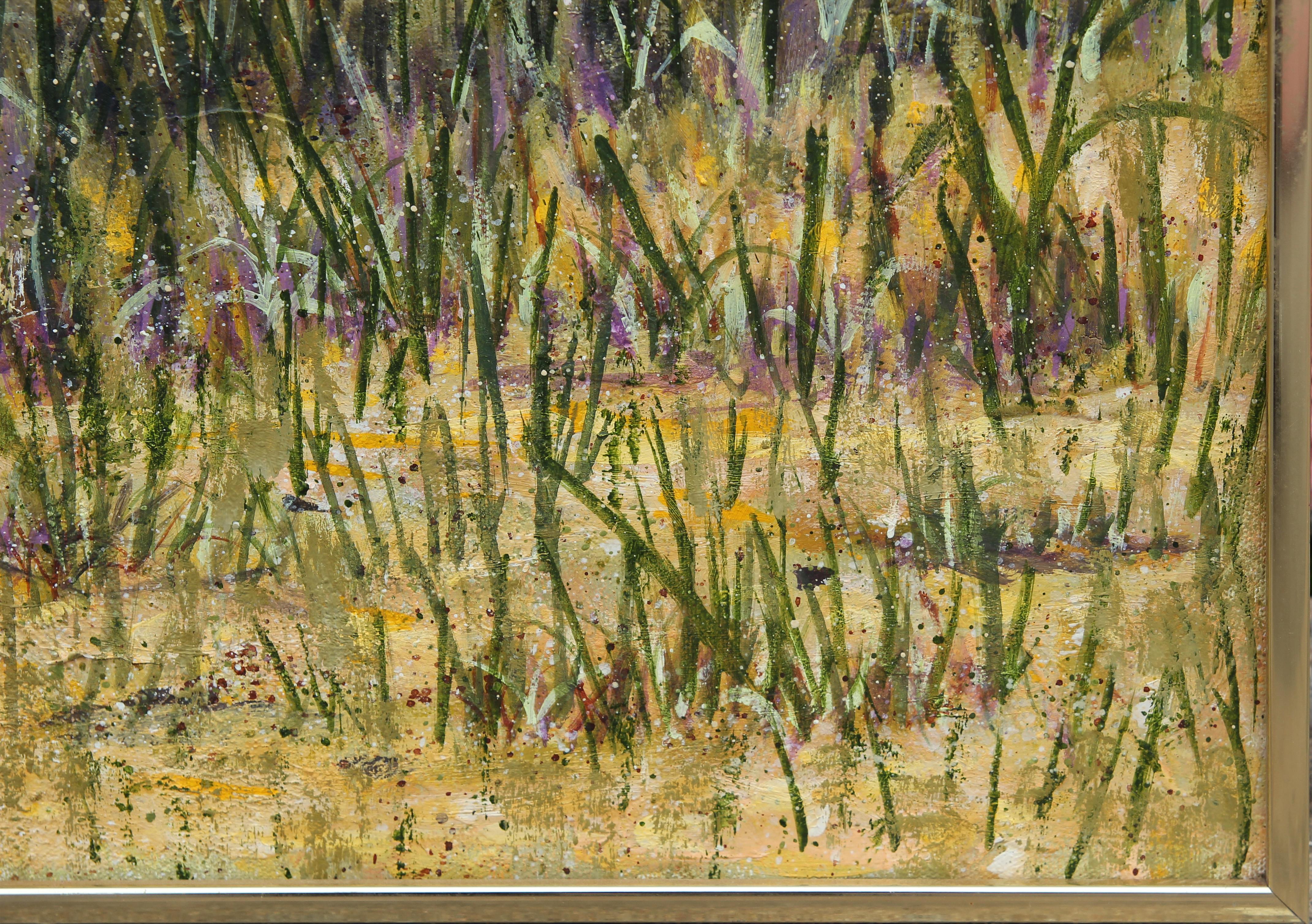 Naturalistic pastoral country scene of white cattle egrets perched on a tree above a group of resting cows. 
The piece is nicely displayed in a sleek gold frame. 

Dimensions Without Frame: H 30 in. x W 48 in. 

Artist Biography: William Robert