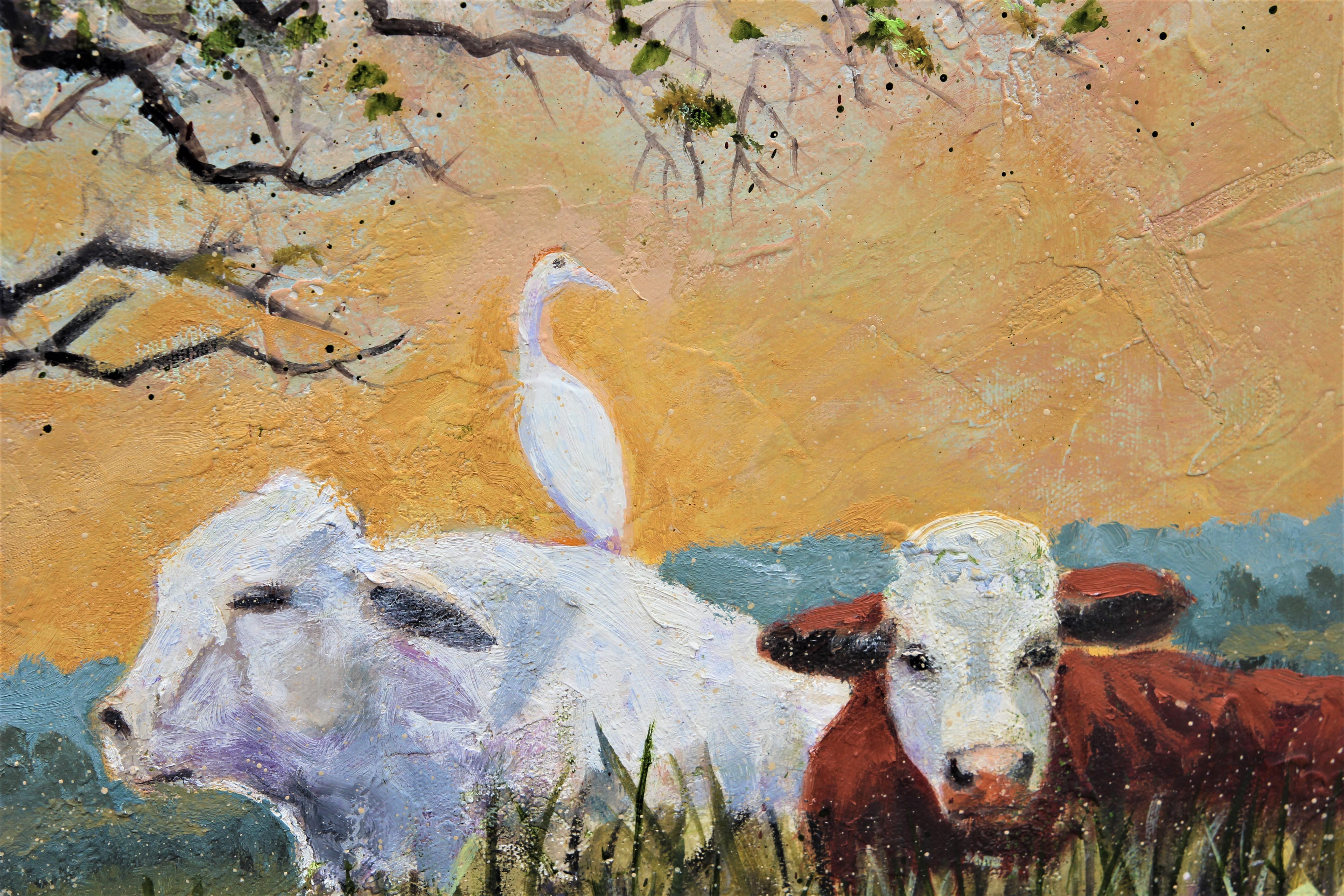 Naturalistic Portrait of Cattle Egrets and Cows in a Field Country Landscape - Brown Landscape Painting by W. R. Stevenson