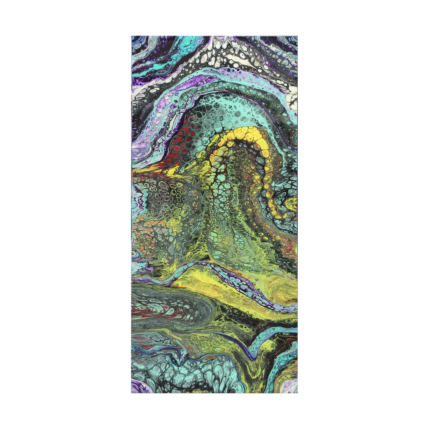 Colorful Abstract Contemporary Teal, Purple and Green Acrylic Fluid Painting - Mixed Media Art by Stephen Alaniz