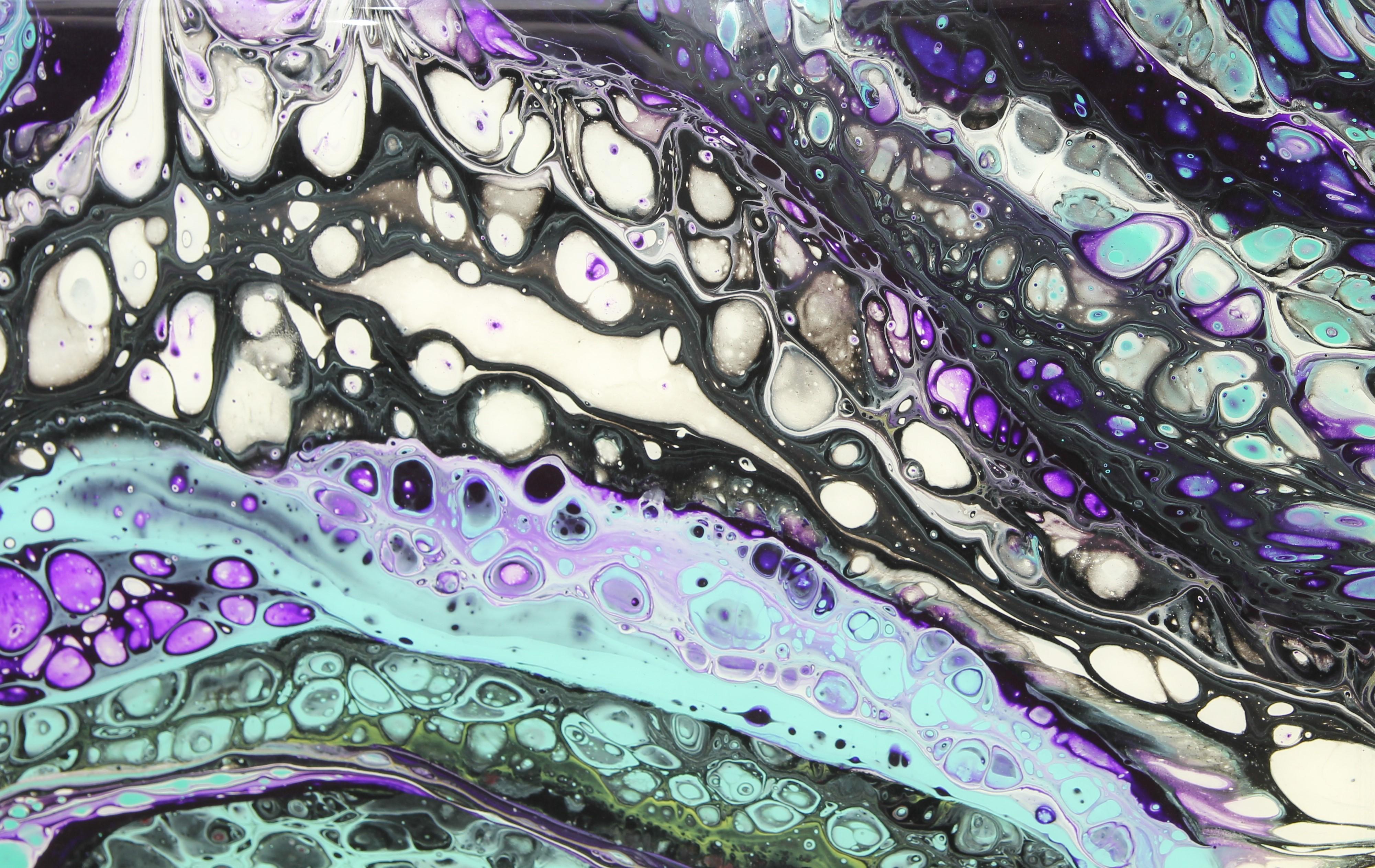 Colorful abstract acrylic fluid painting that incorporates hues of black, teal, purple and green. Signed and dated by the artist on the side of the piece.

Artist Biography: 