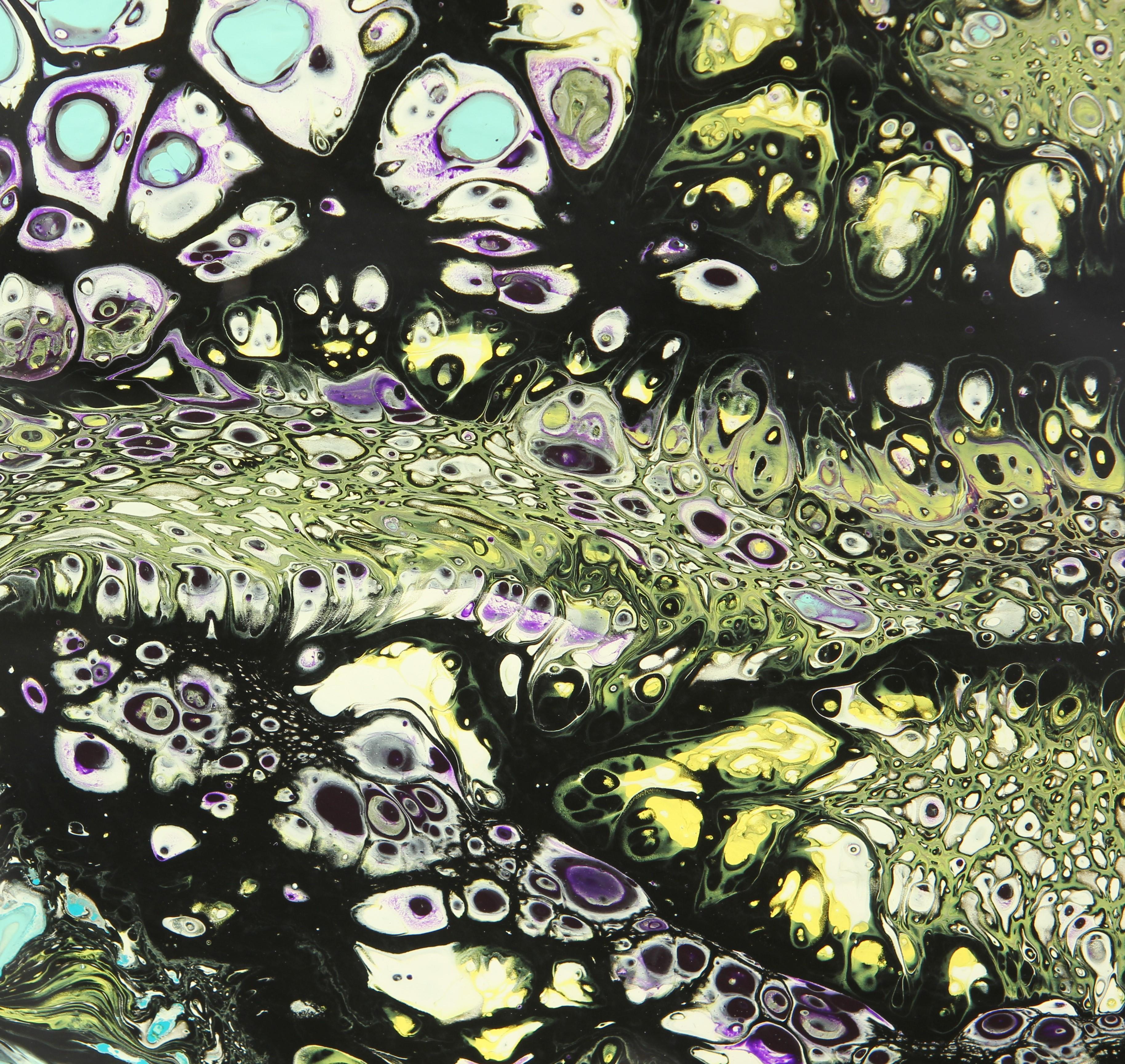 Pittura contemporanea astratta colorata, verde, nera e blu, acrilica e fluida in vendita 1