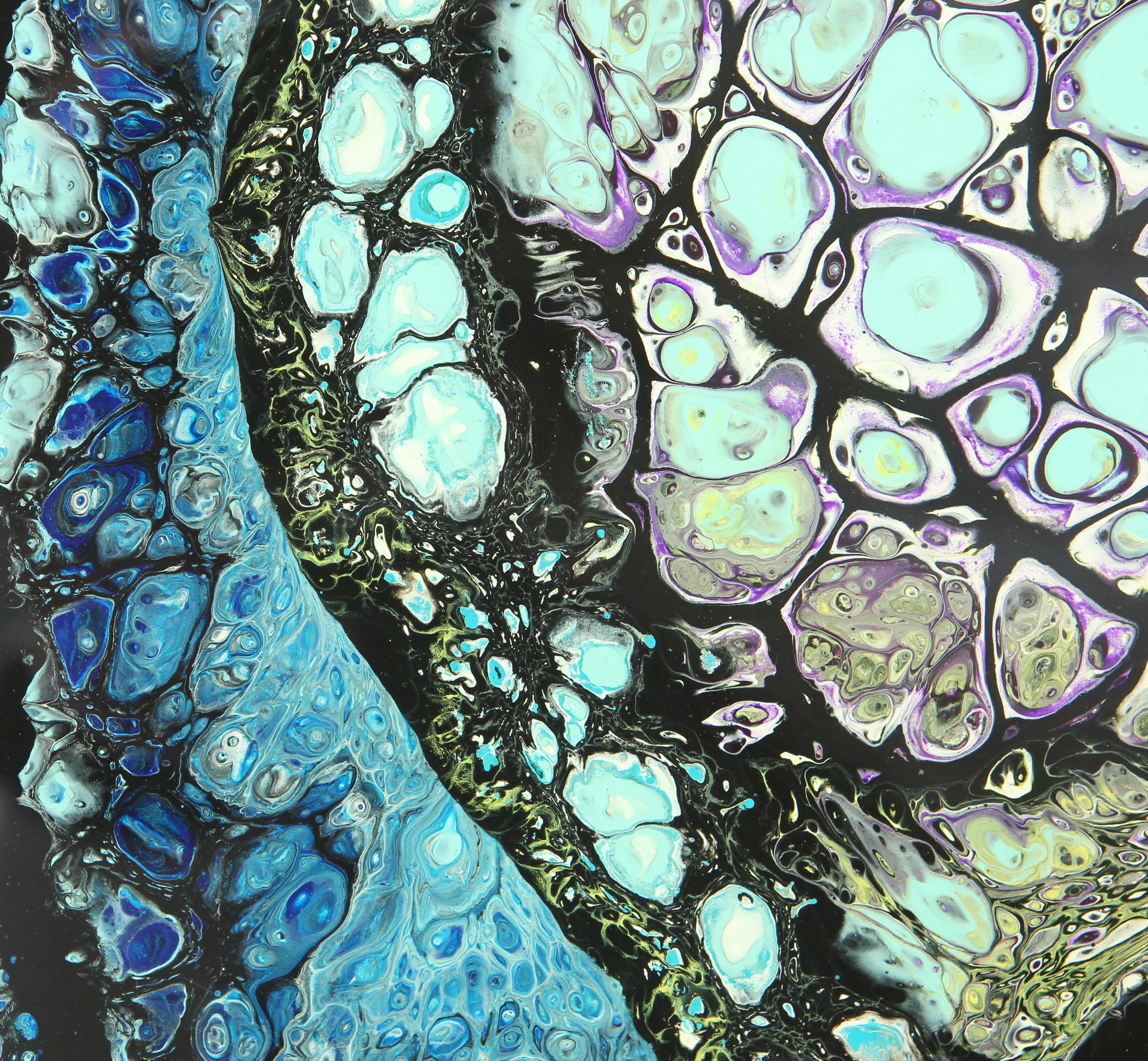 Pittura contemporanea astratta colorata, verde, nera e blu, acrilica e fluida in vendita 3