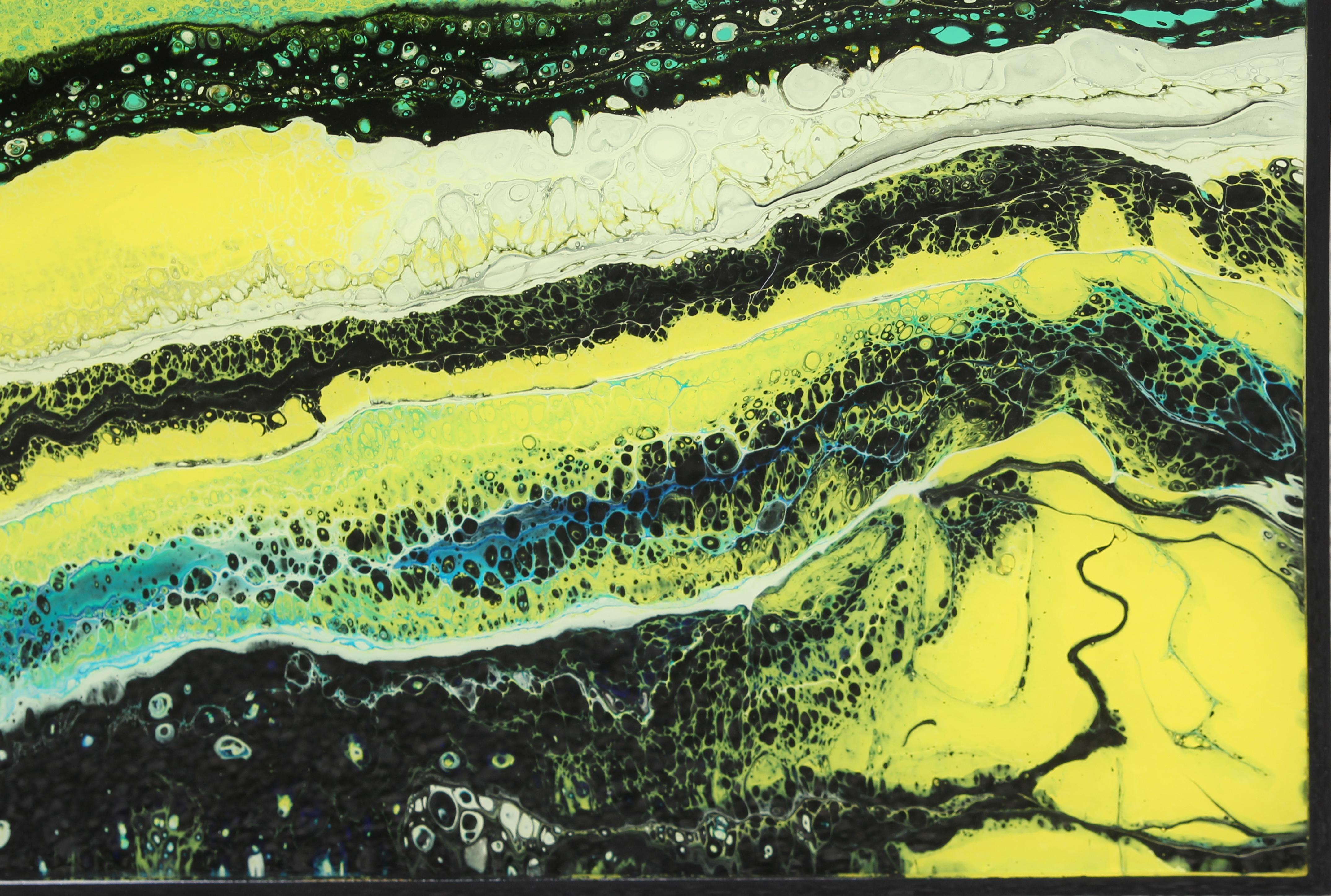 Buntes abstraktes zeitgenössisches fließendes Acryl-Gemälde mit grünen und blauen Linien im Angebot 3