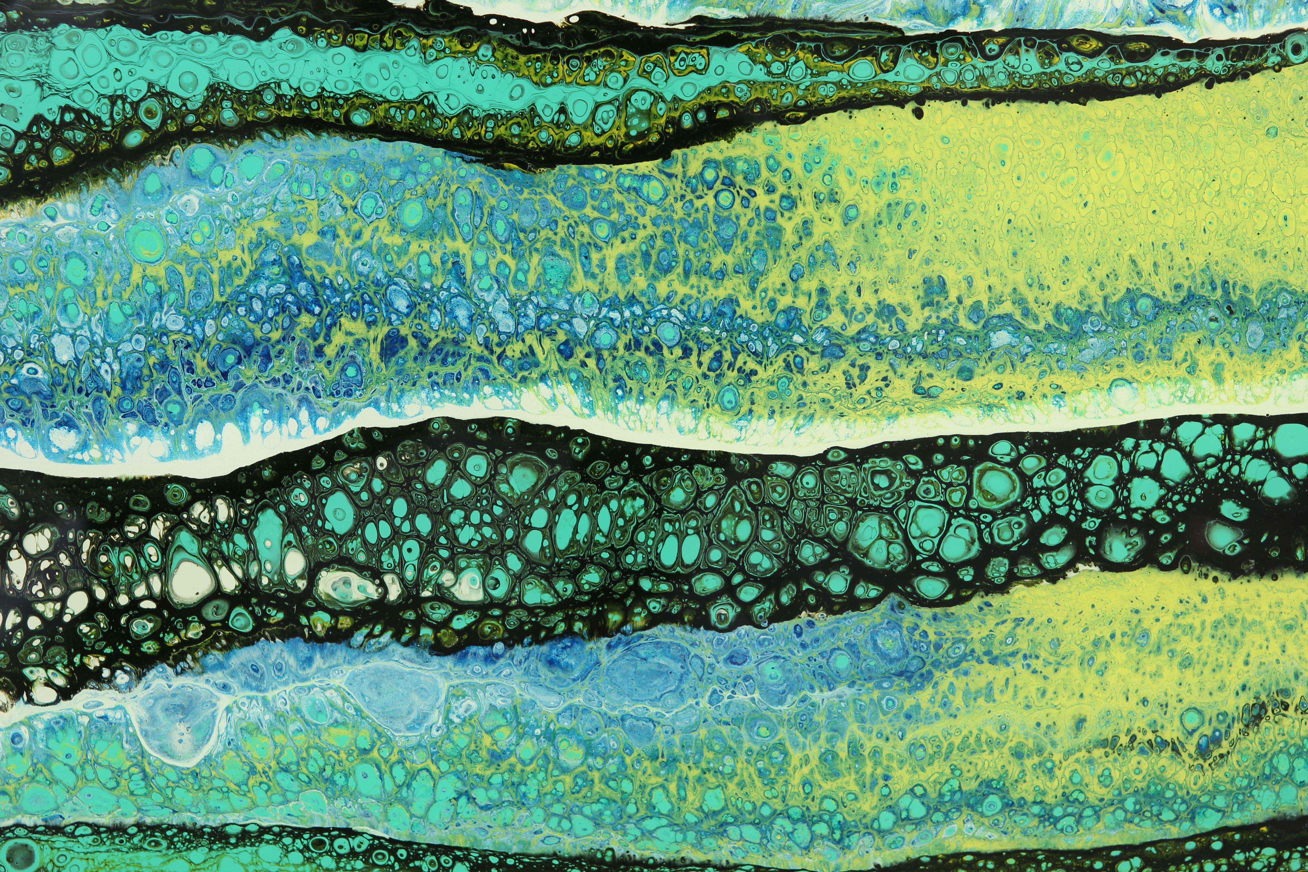 Buntes abstraktes zeitgenössisches fließendes Acryl-Gemälde mit grünen und blauen Linien – Painting von Stephen Alaniz