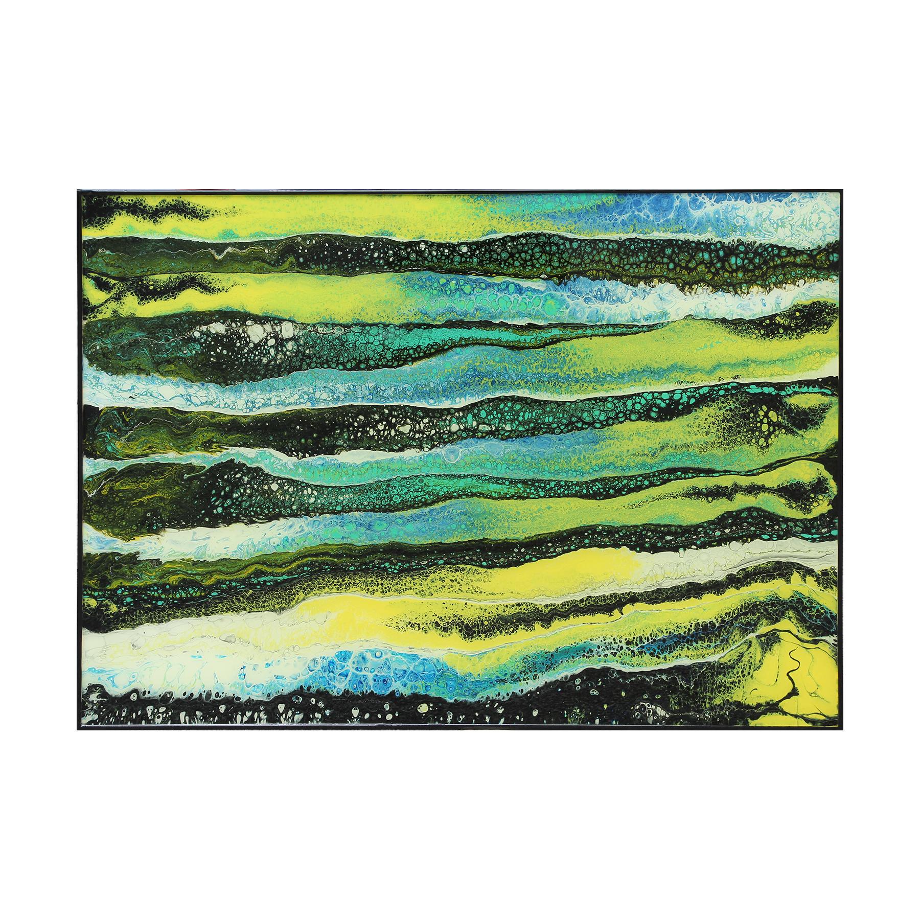 Stephen Alaniz Abstract Painting – Buntes abstraktes zeitgenössisches fließendes Acryl-Gemälde mit grünen und blauen Linien