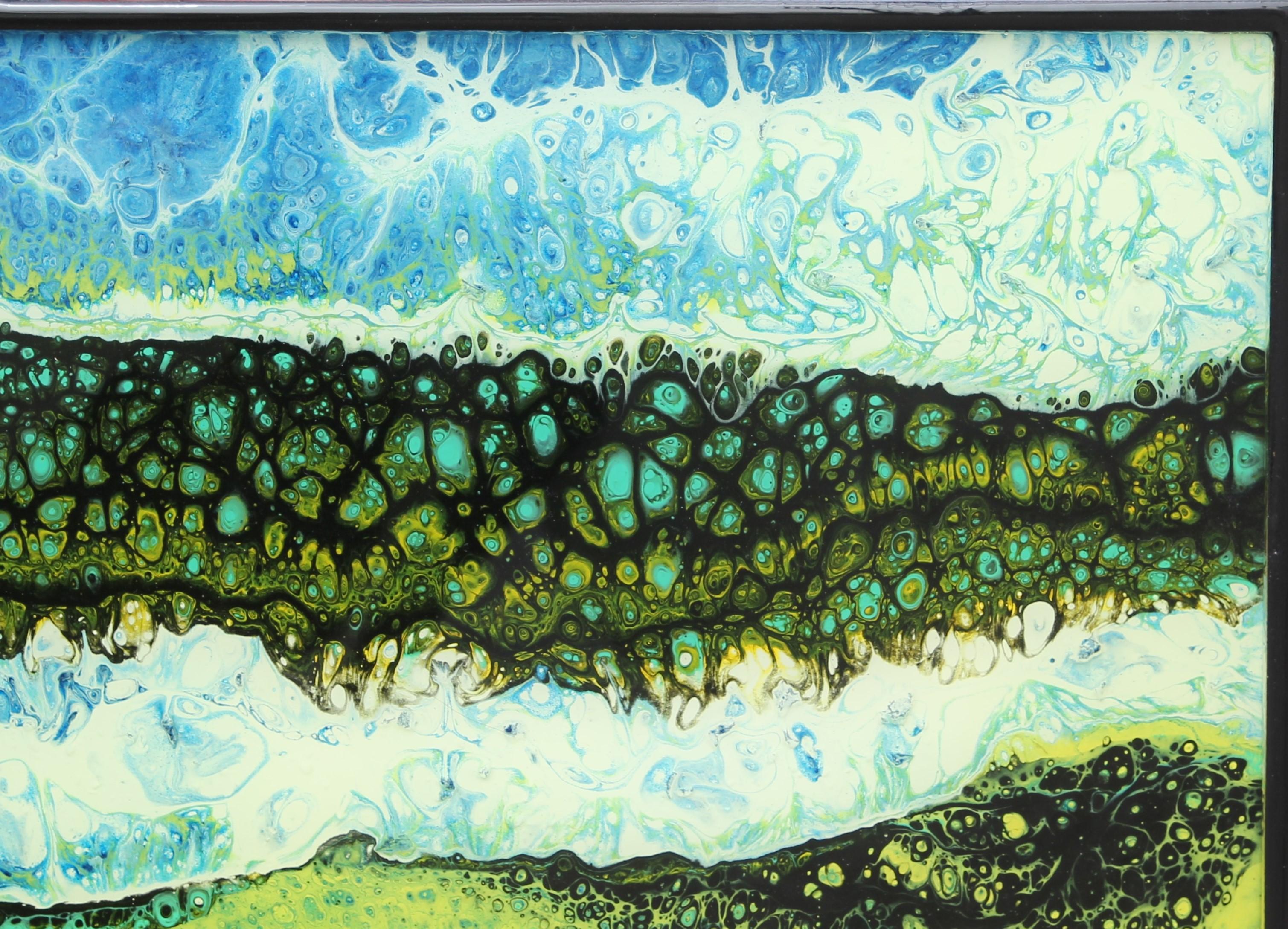 Buntes abstraktes zeitgenössisches fließendes Acryl-Gemälde mit grünen und blauen Linien im Angebot 2