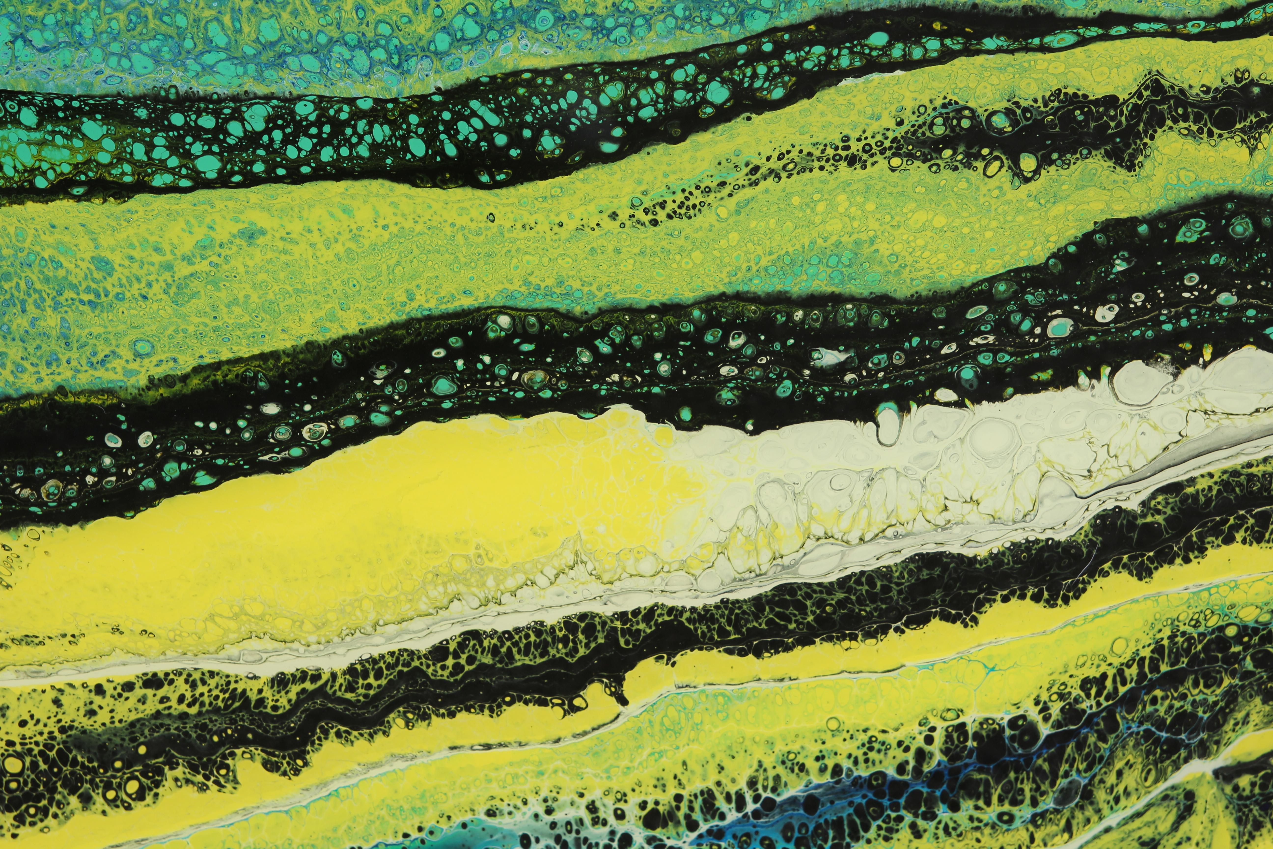 Pittura fluida astratta colorata in acrilico che incorpora sfumature di nero, verde acqua e verde. Firmato e datato dall'artista sul lato del pezzo.

Biografia dell'artista: 