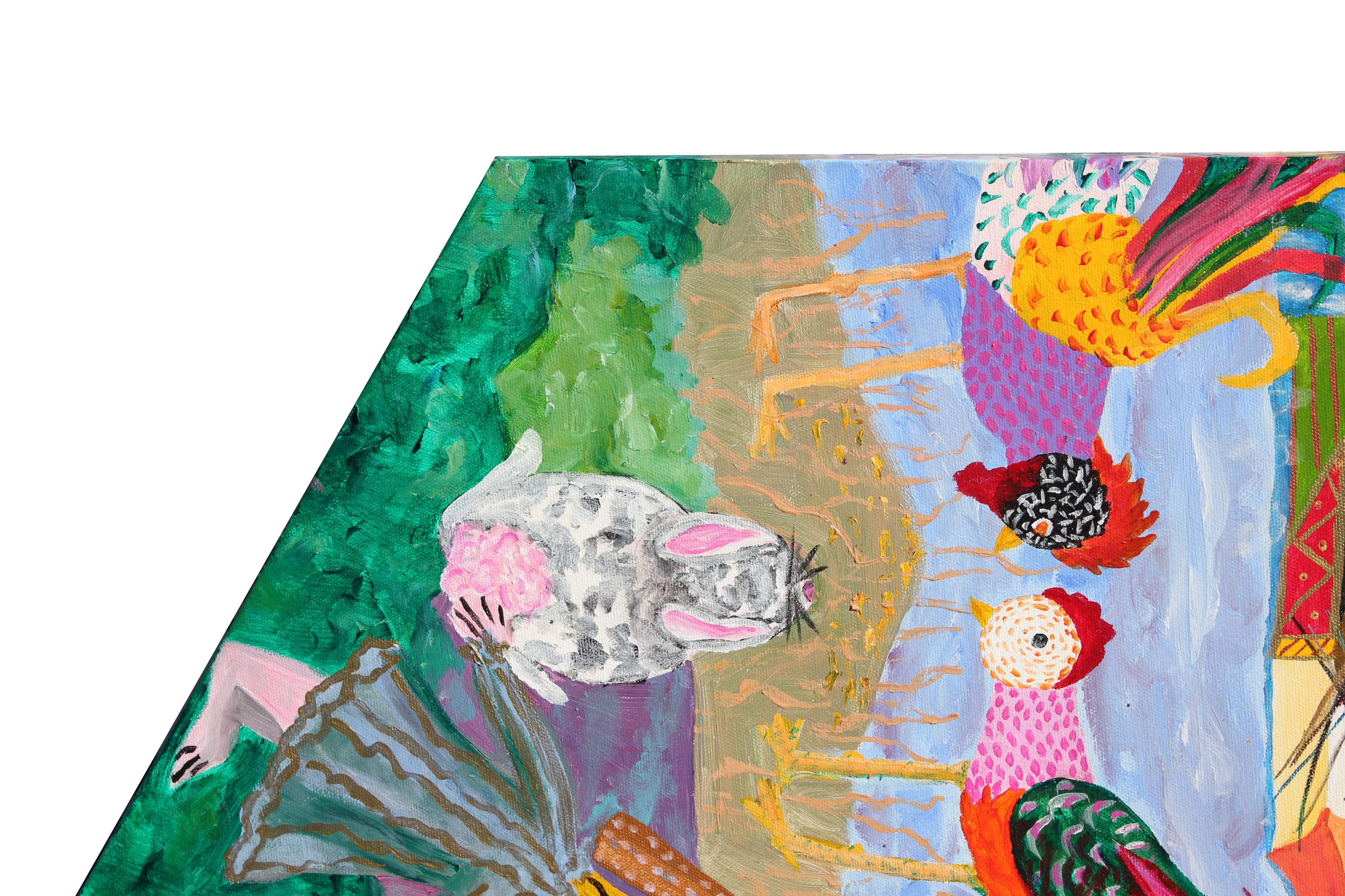 Peinture figurative abstraite lumineuse et colorée incorporant une variété de personnages dont un diable, un ange, une grenouille, un chat et un coq. Signé et daté au dos par l'artiste. 