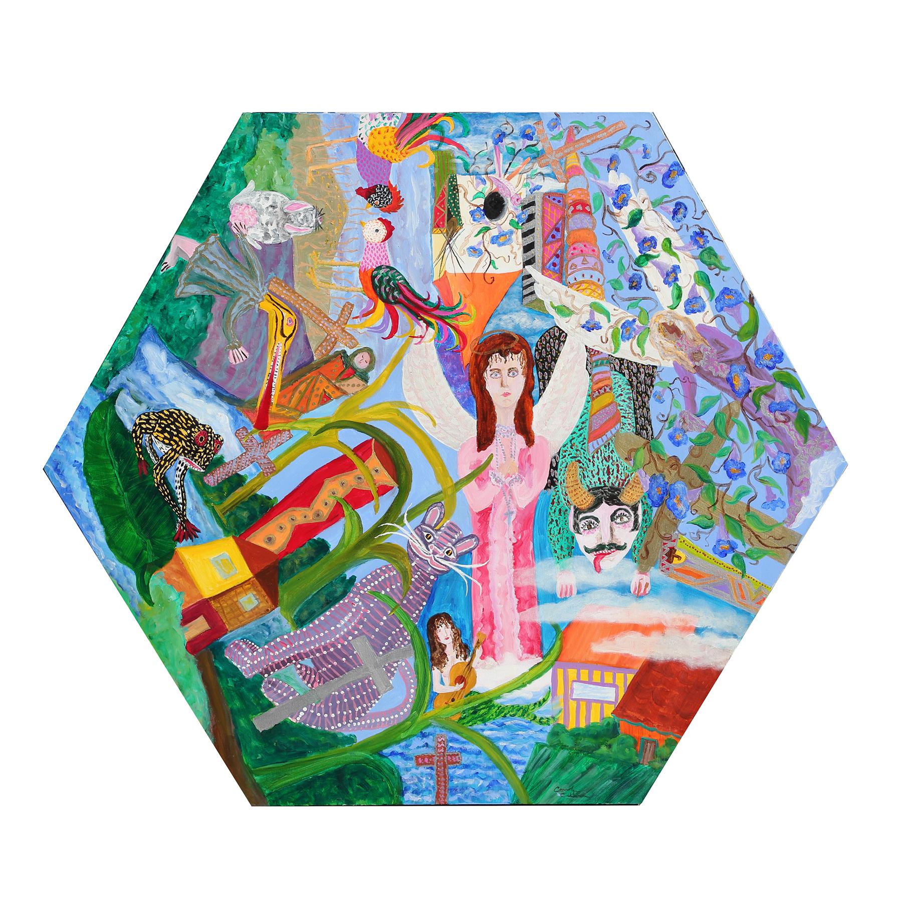 Peinture sur toile hexagonale figurative abstraite colorée « célébration de la vie » 