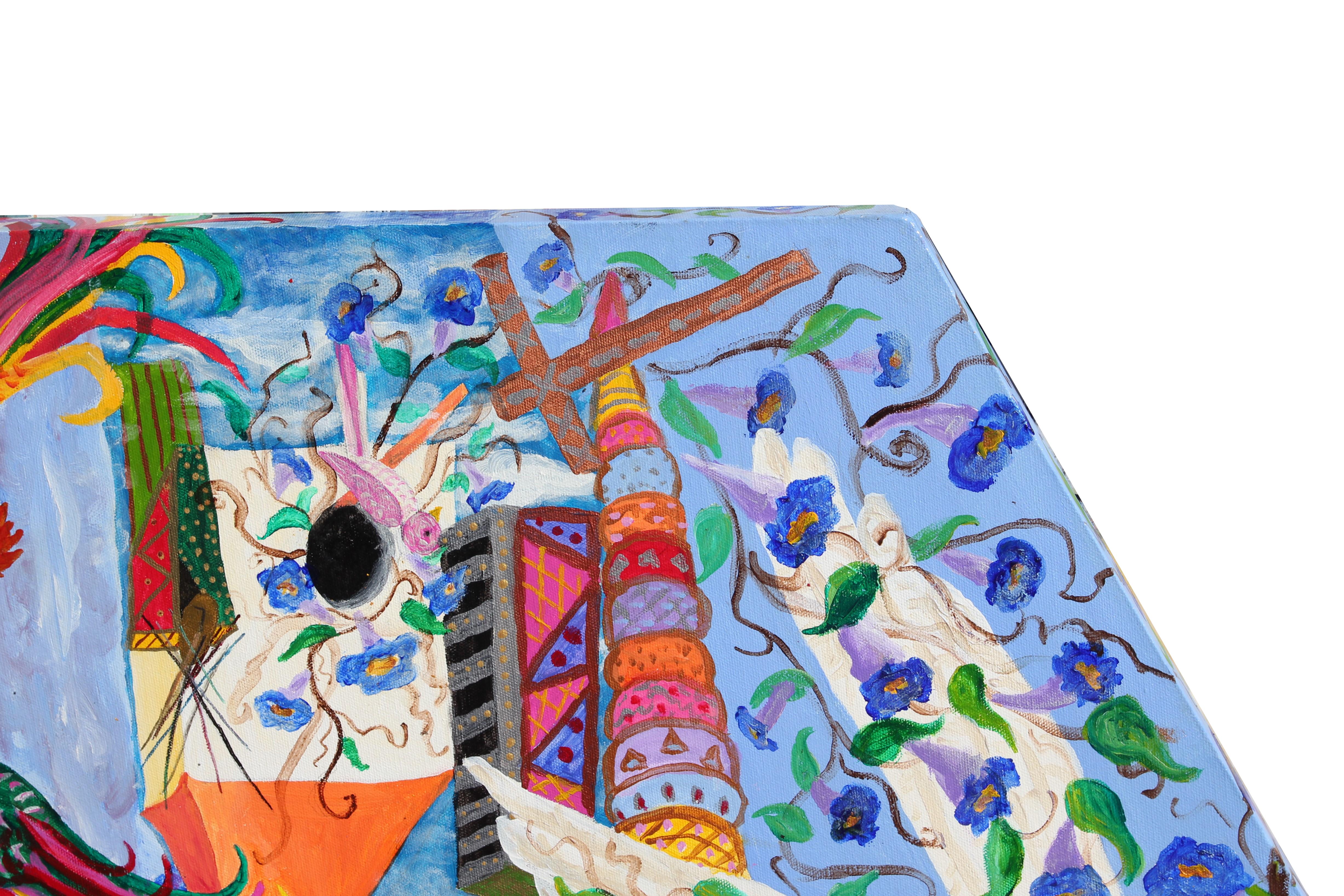 Peinture sur toile hexagonale figurative abstraite colorée « célébration de la vie »  en vente 1