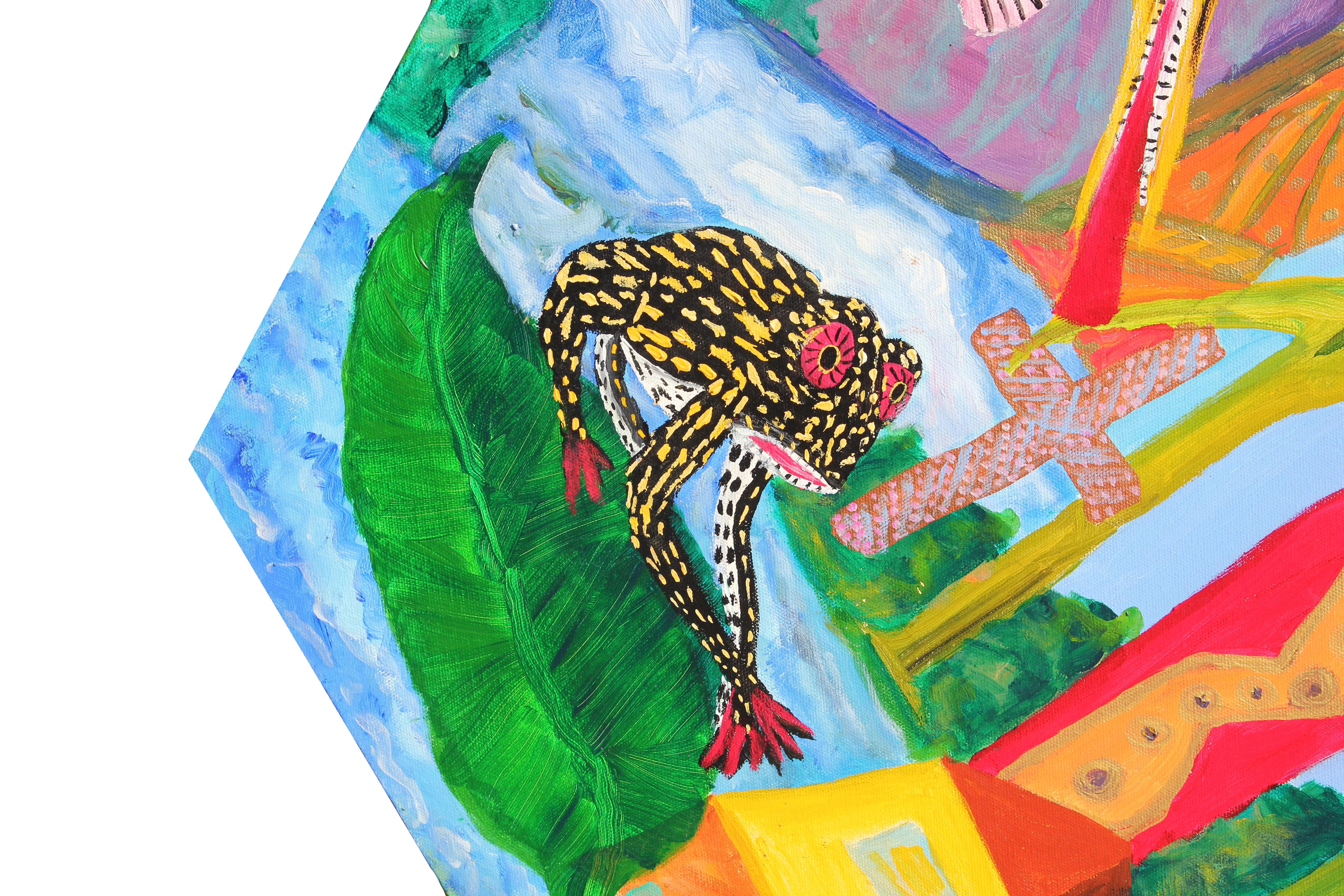 Peinture sur toile hexagonale figurative abstraite colorée « célébration de la vie »  en vente 2