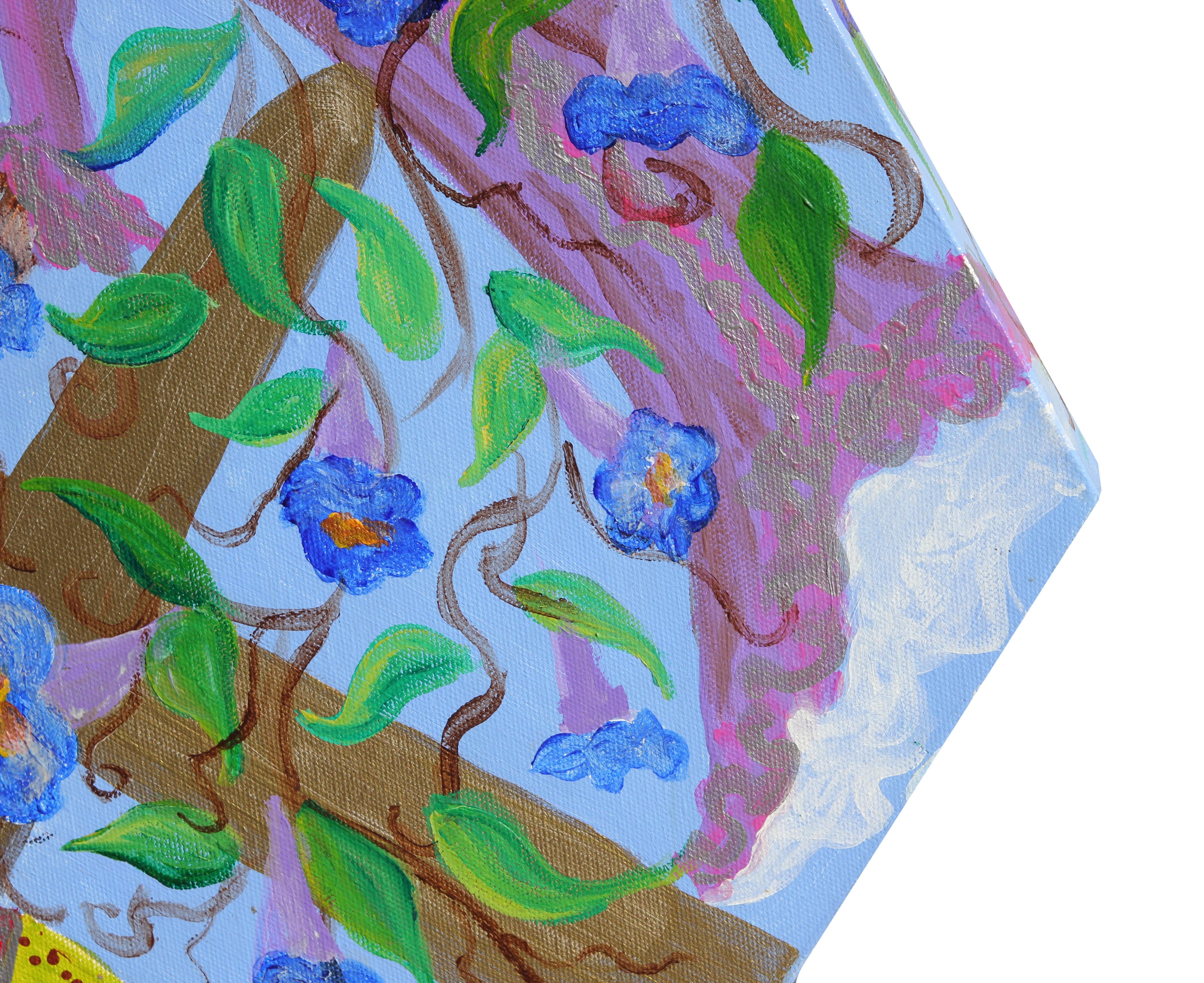 Peinture sur toile hexagonale figurative abstraite colorée « célébration de la vie »  en vente 3