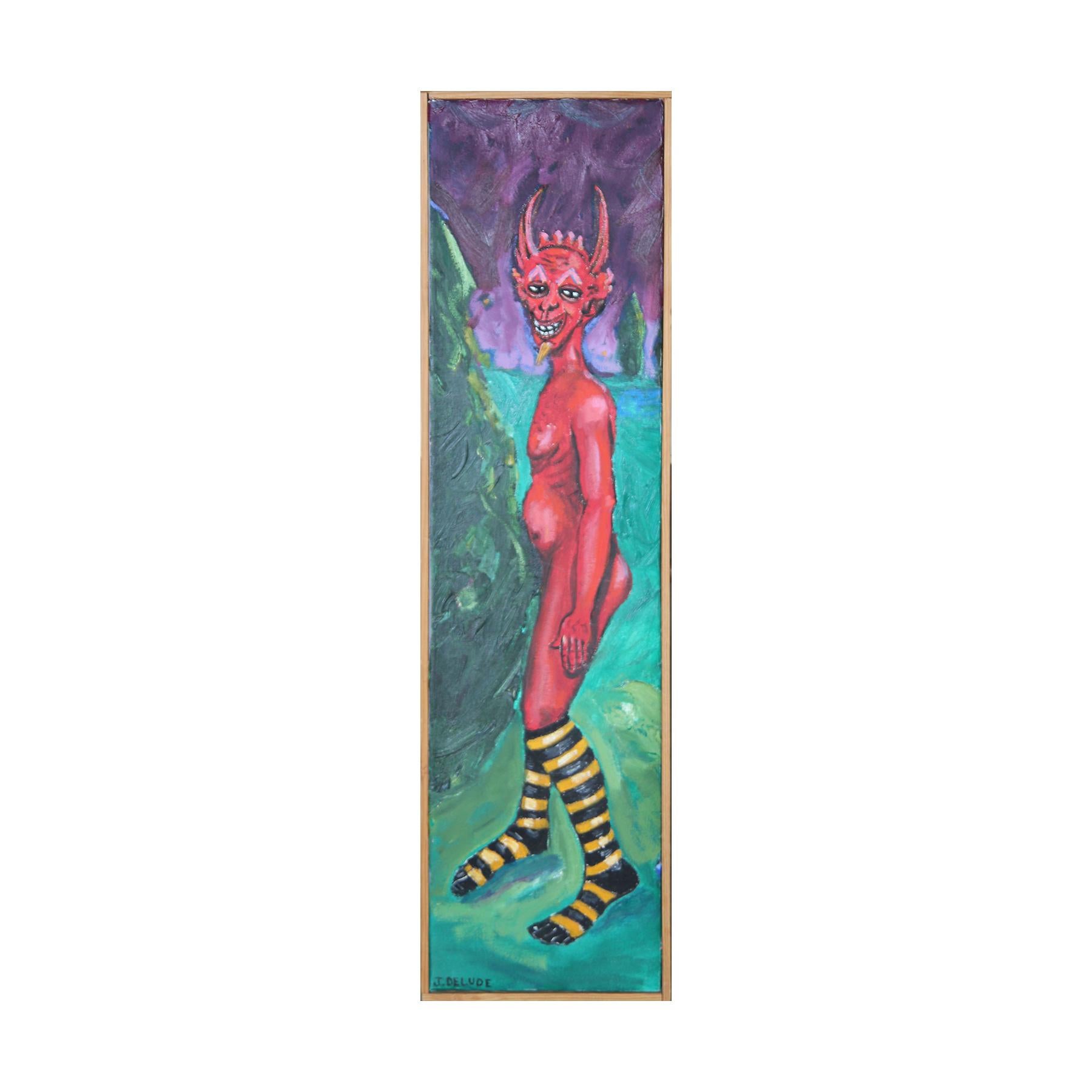 Buntes Nacktes Porträt des roten Teufels, vertikales Gemälde
