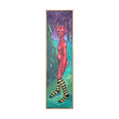 Vintage Colorful Nude Portrait of Red Devil Vertical Painting