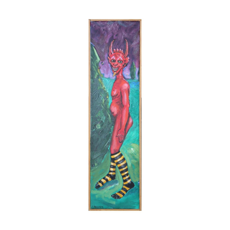 Jeff Delude Figurative Painting - Colorful Nude Portrait of Red Devil Vertical Painting