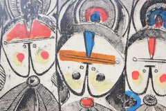 “Deities” Etching Orange, Blue, and Black Print of 4 Abstract Figures