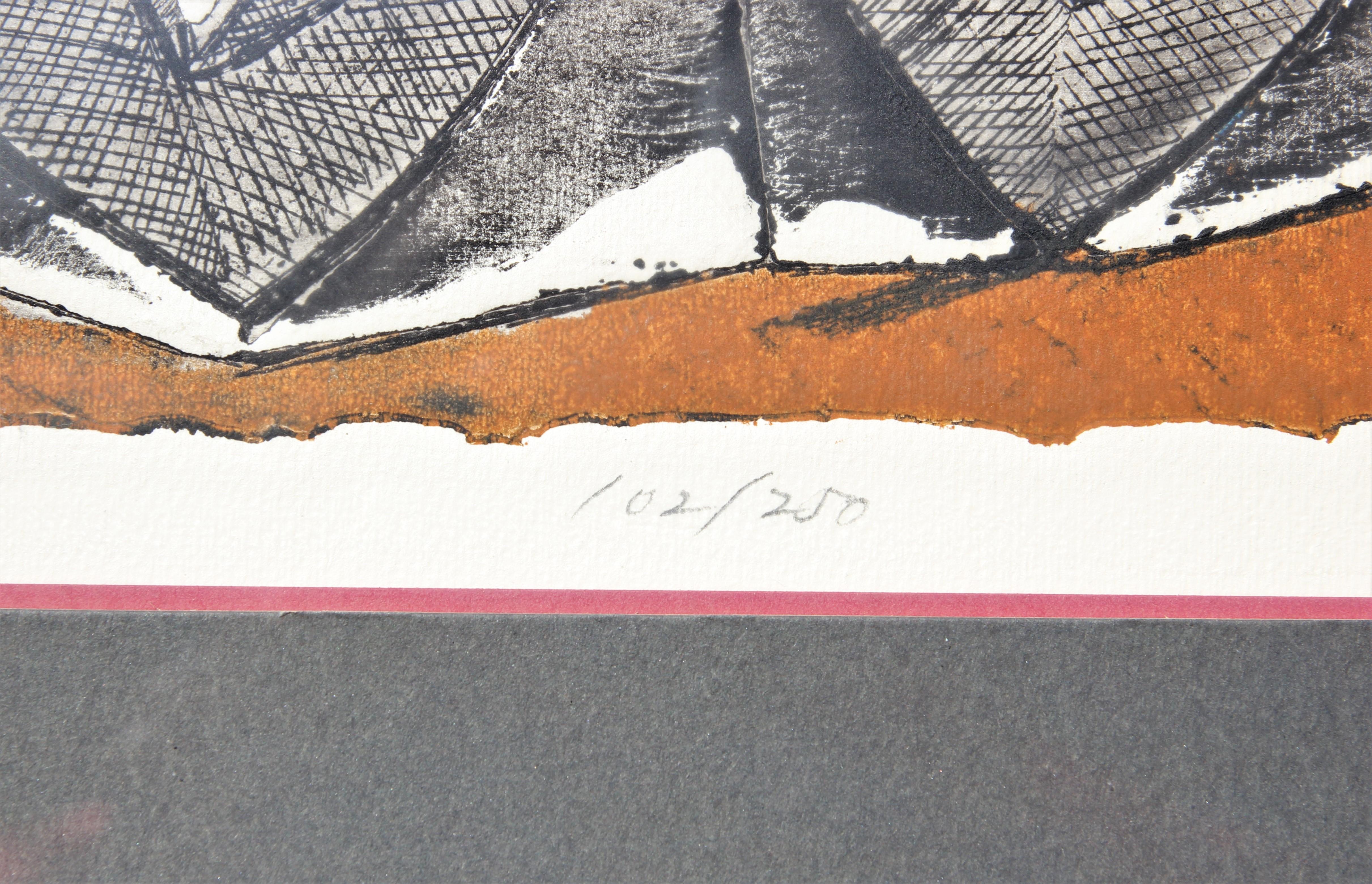 Original etching that is deeply-saturated and created by 20th century Canadian-American printmaker Jean Nantais. he print is colored in vivid shades of brown, blue, and orange. Titled, editioned, and signed by the artist at the bottom of the print.