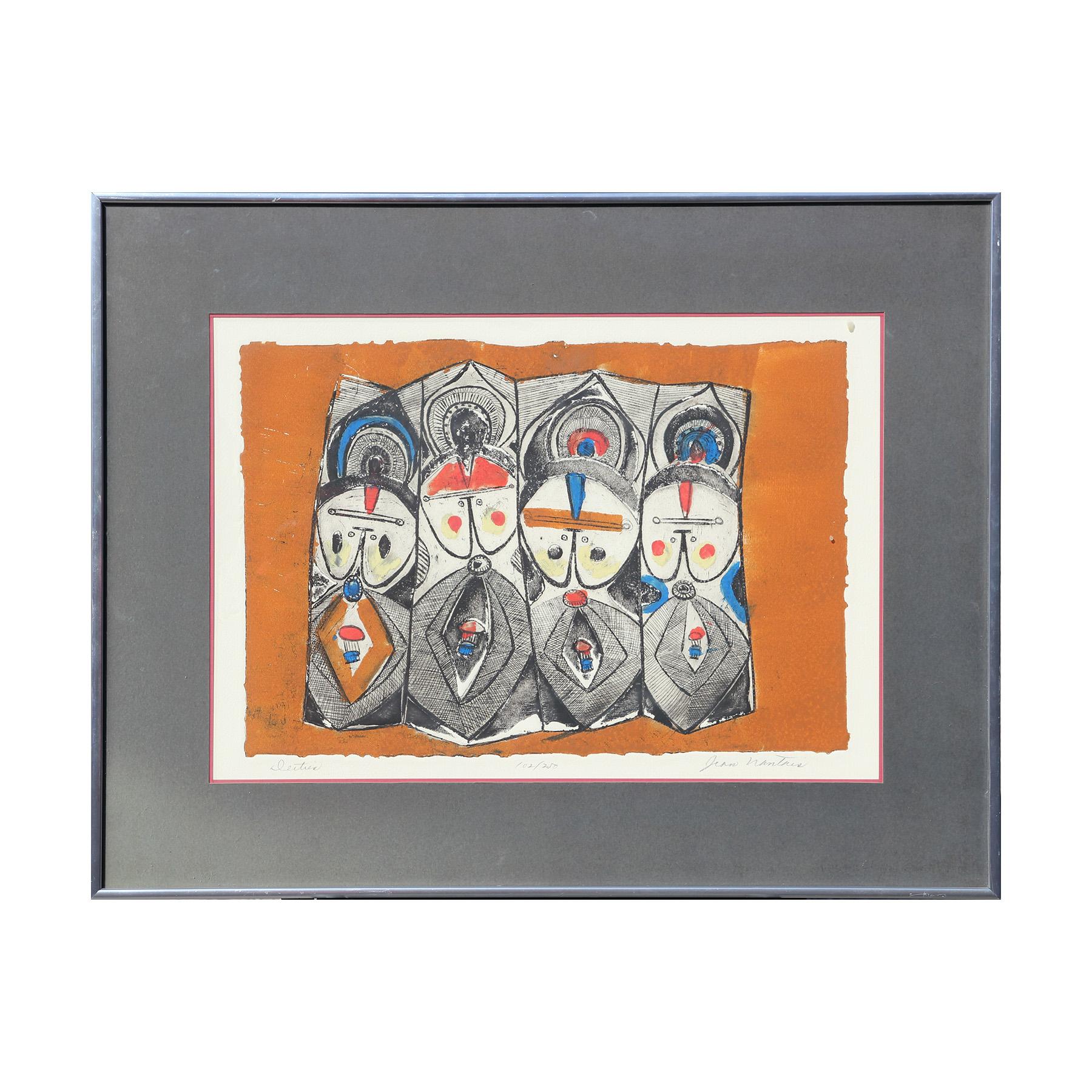 Jean Nantais Figurative Print - “Deities” Etching Orange, Blue, and Black Print of 4 Abstract Figures