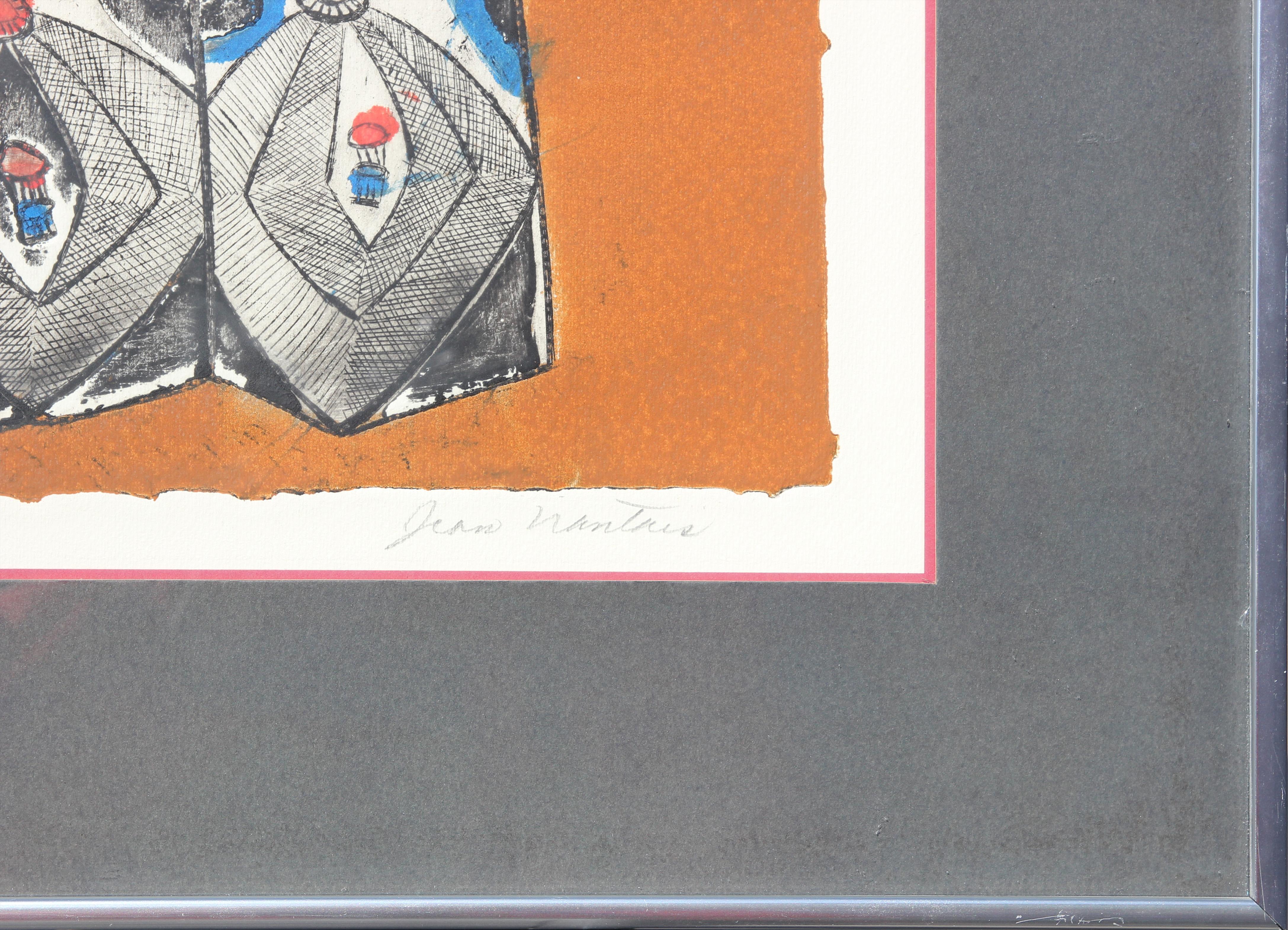 “Deities” Etching Orange, Blue, and Black Print of 4 Abstract Figures 3