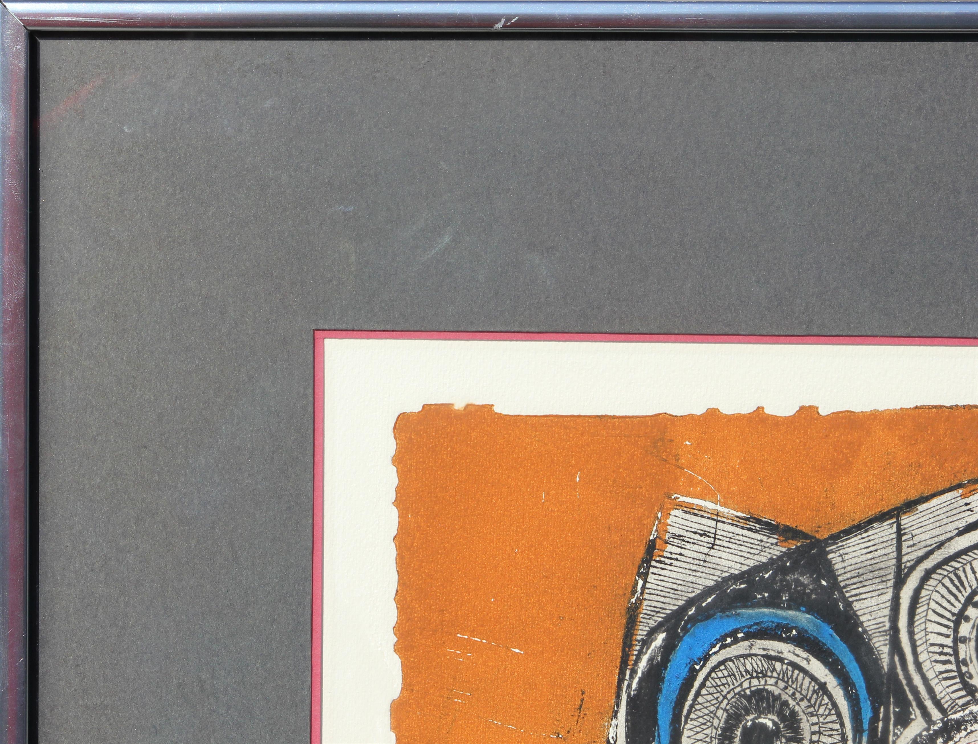 “Deities” Etching Orange, Blue, and Black Print of 4 Abstract Figures 1