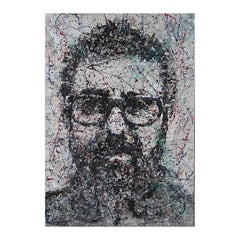 Large Silver, Black, and Red Portrait Abstract Splatter Painting on Canvas