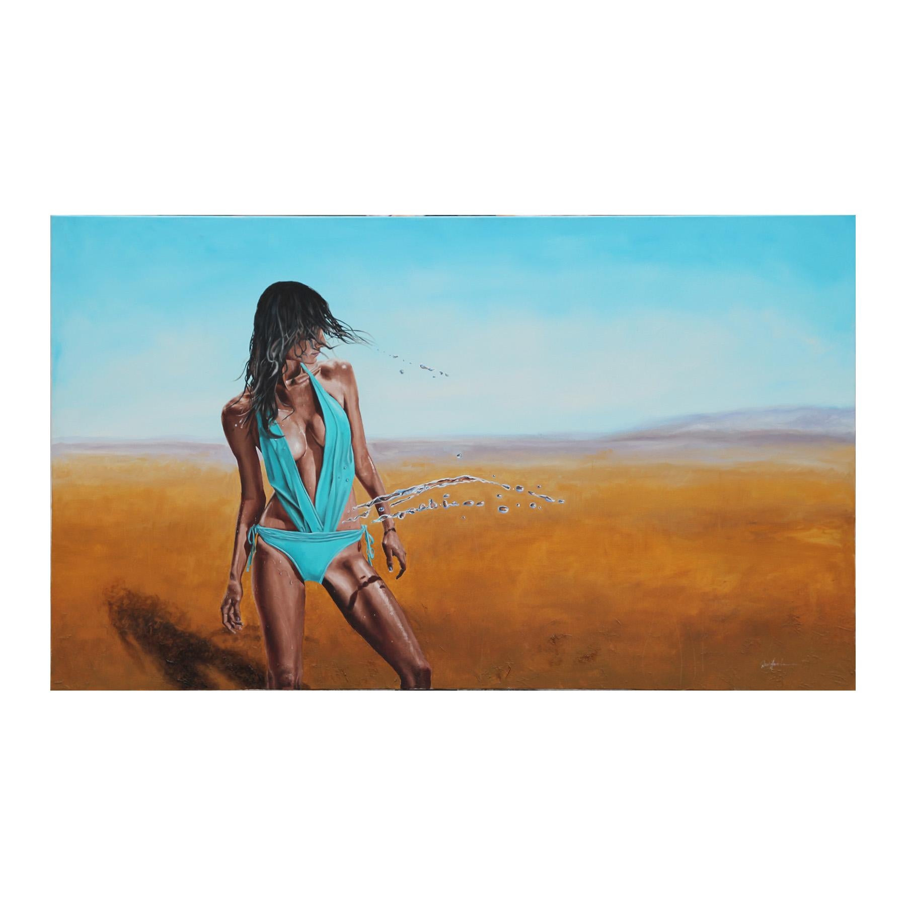 David Hardaker Figurative Painting - "The Water Carrier" Realist Portrait of a Woman with Water in the Desert 