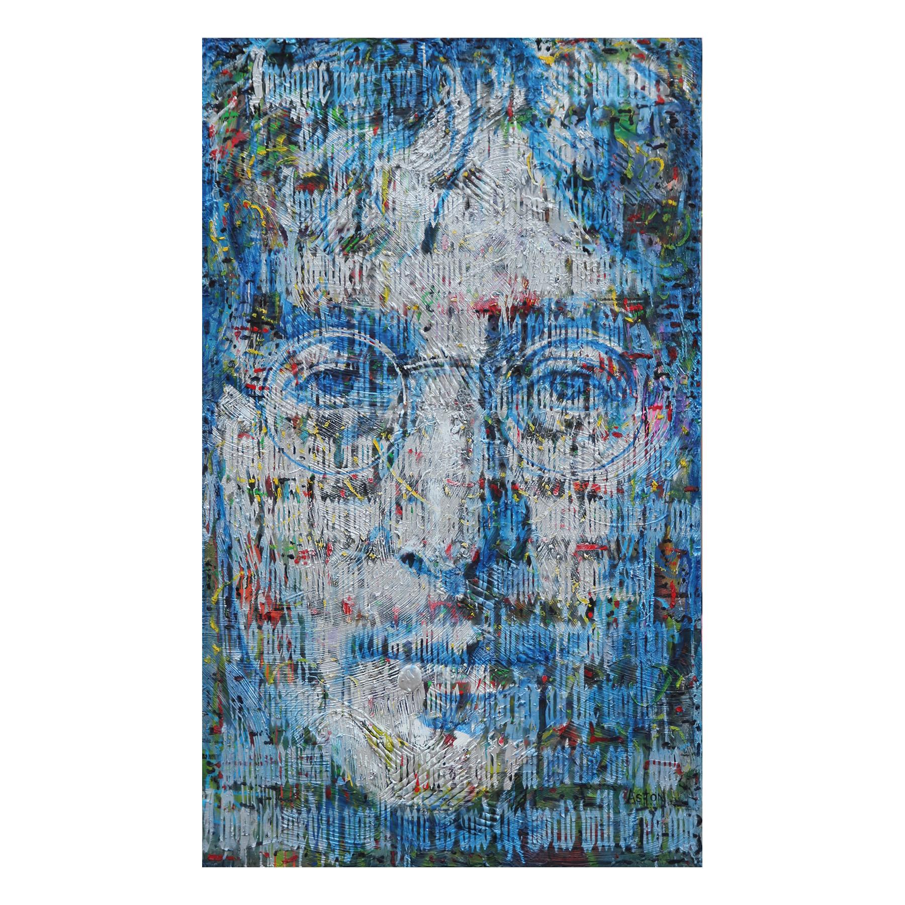 Matt Aston Abstract Painting - Large Abstract Blue and Silver Portrait of John Lennon and "Imagine" Song Lyrics