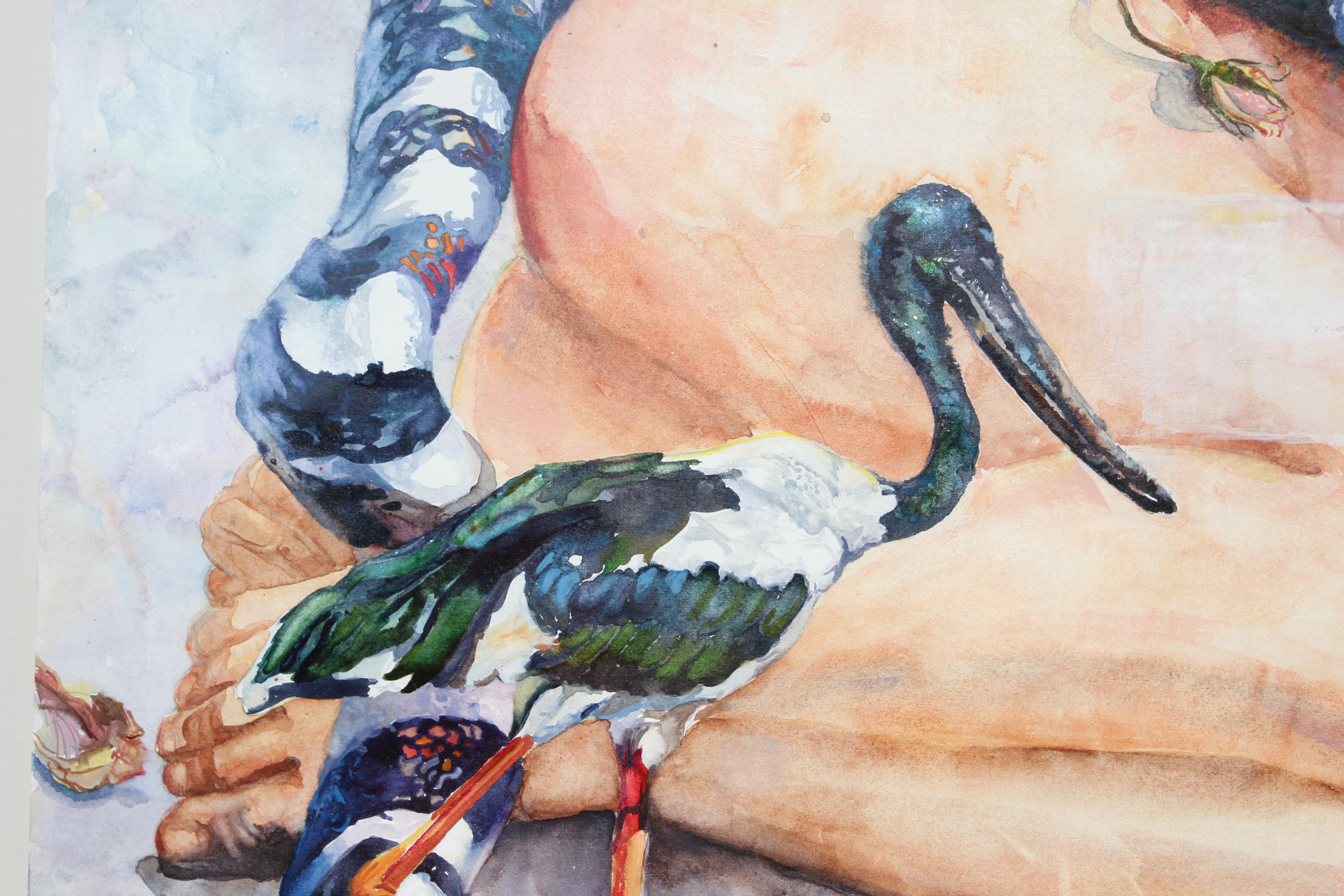 Beautifully executed watercolor painting by Joanna Ballard that depicts a nude angel standing over a resting figure. The composition includes many diverse hues that range in opacity. Depictions of flowers and a variety of animals (snake, bird, and