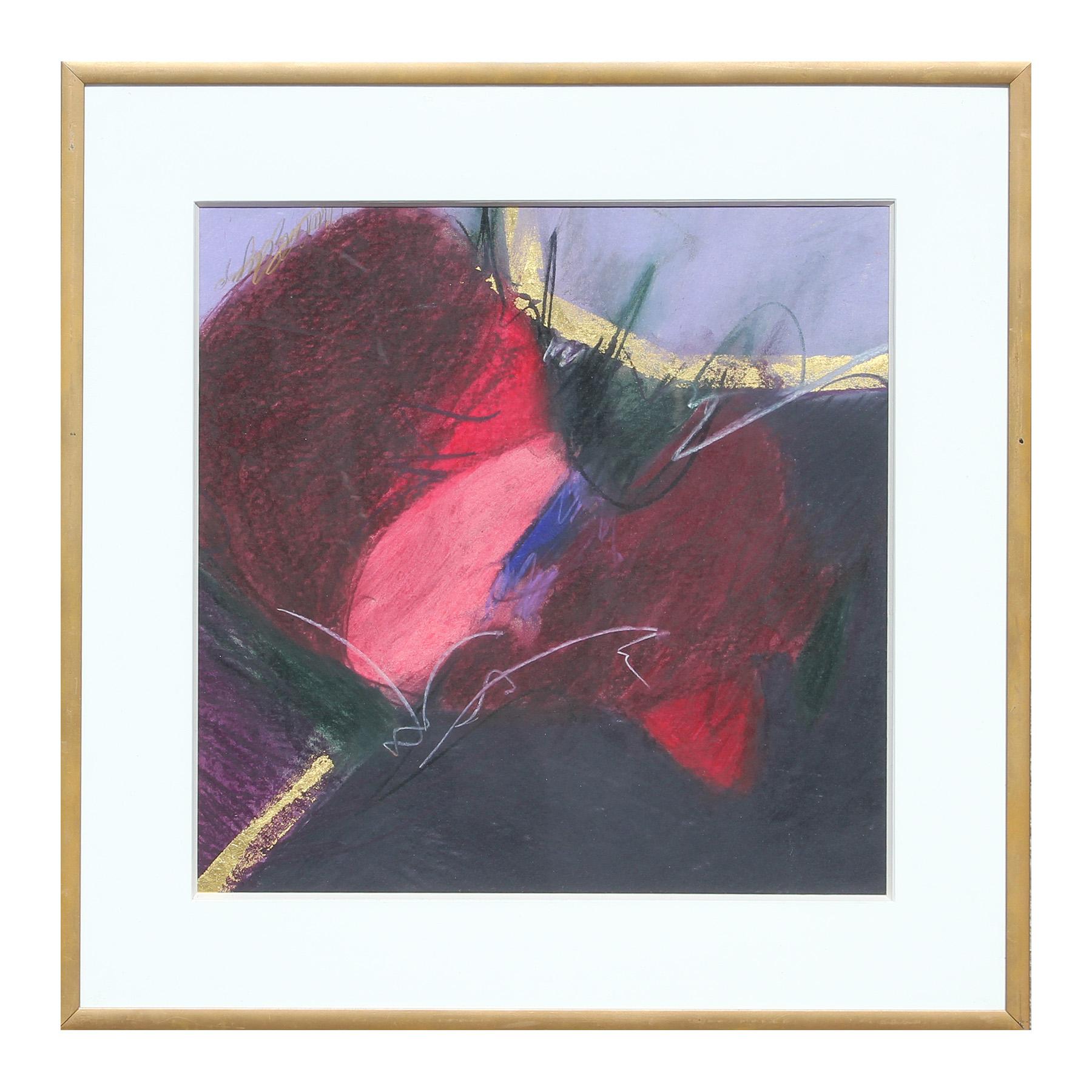 Christine Alfery  Abstract Drawing - "Cranberry Bog" Purple, Red, Black, and Gold Abstract Mixed Media Drawing