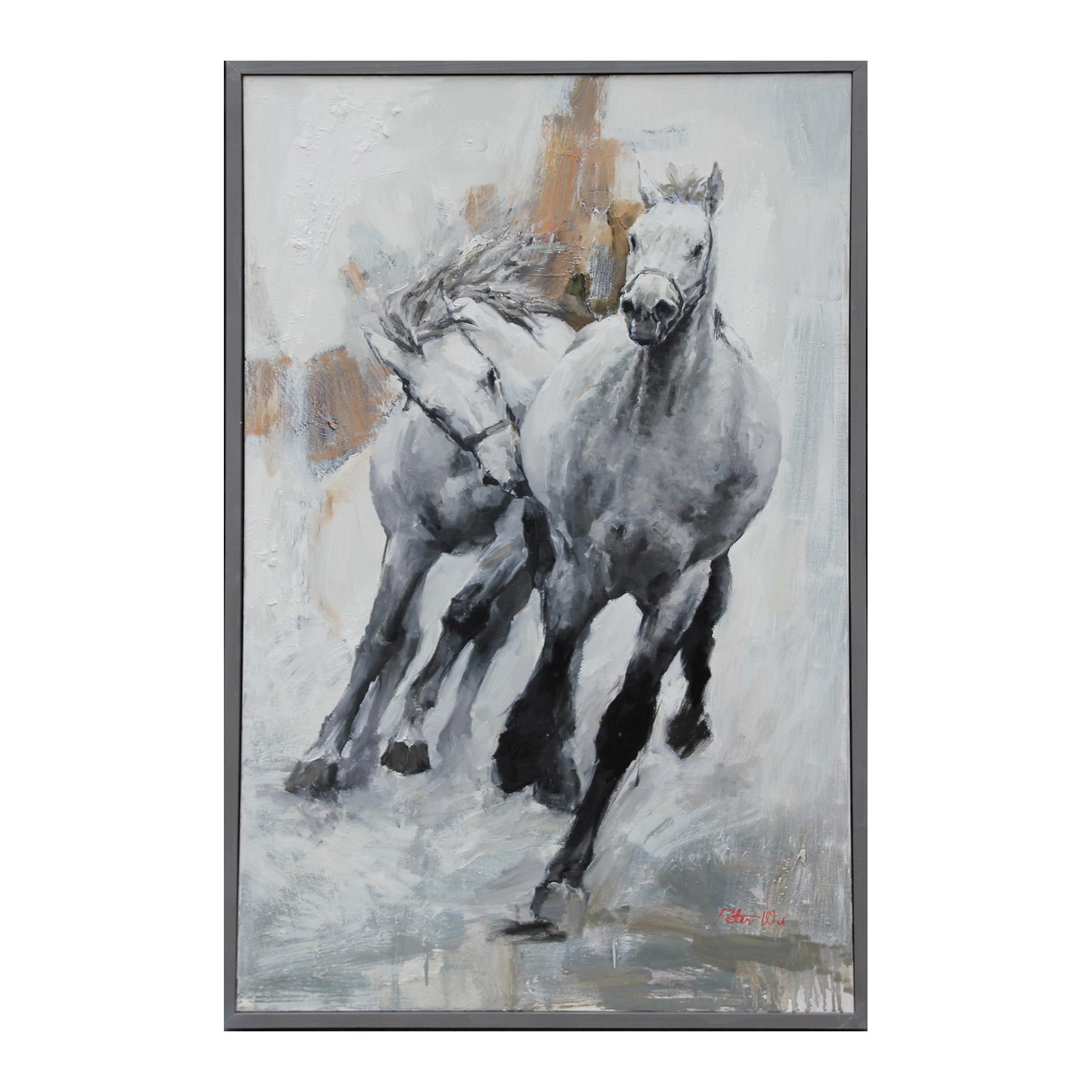 Peter Wu Animal Painting - "Go straight to the benchmark" Abstract Modern Equestrian Horse Racing Painting