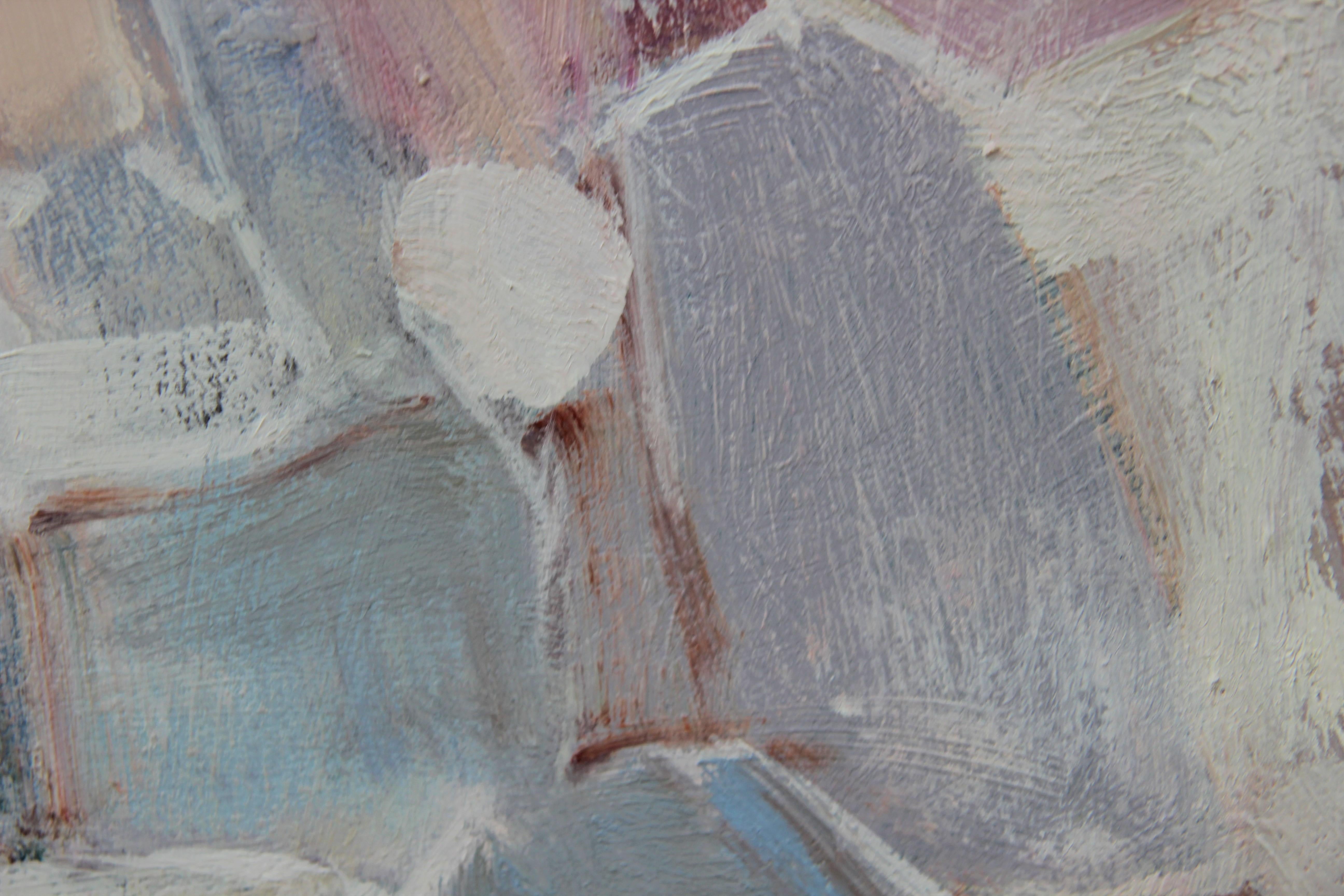 Peinture abstraite en blocs de couleur aux tons pastel qui incorpore des tons bleus, blancs et de pêche. Actuellement suspendu dans un cadre neutre de couleur blanche. 

Dimensions sans cadre : H 36 in. x L 48 in. x P 1.5 in.

Biographie de
