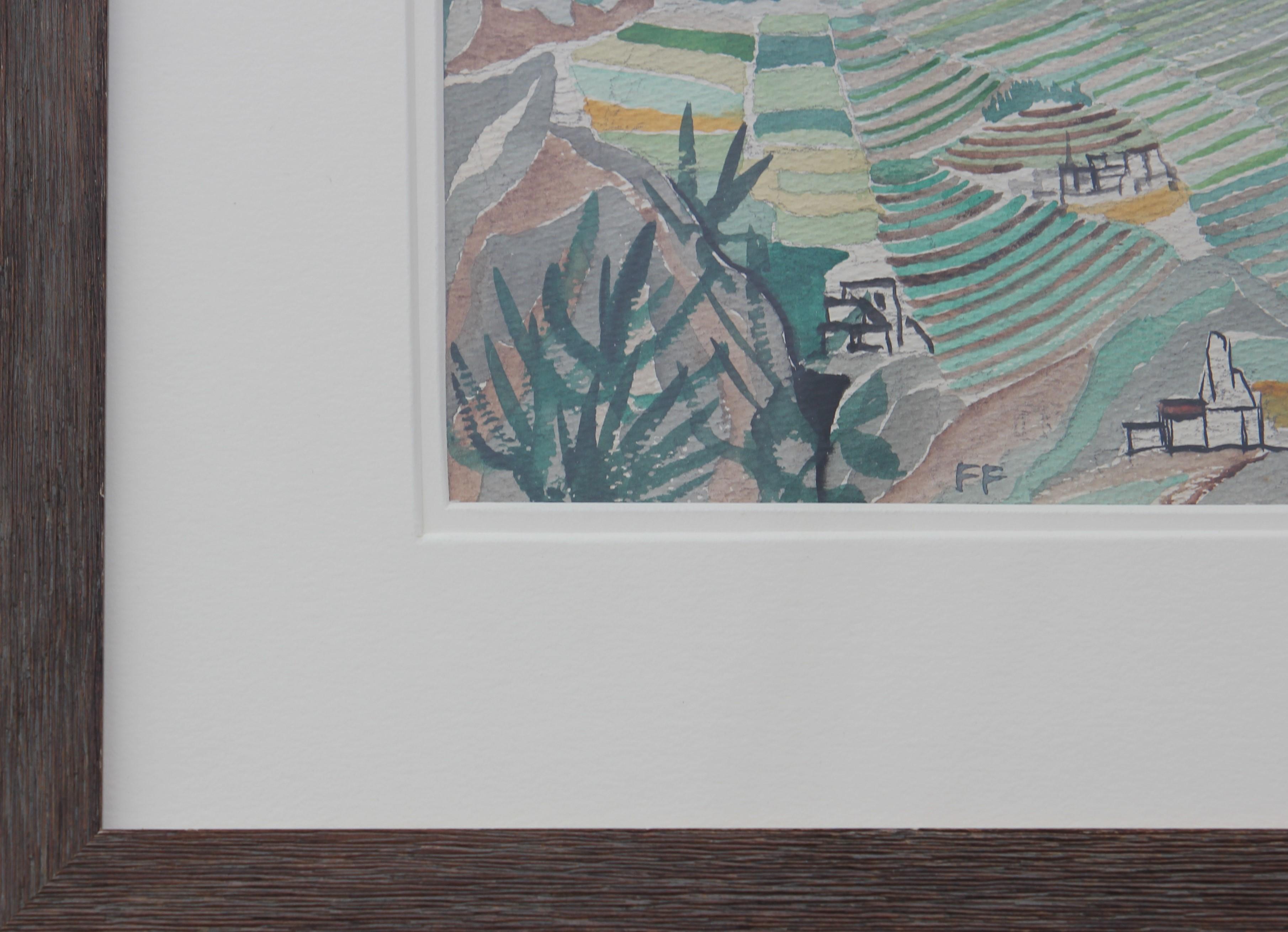 Pastel Blue and Green Toned Abstract Watercolor Mountainous Seaside Landscape For Sale 2