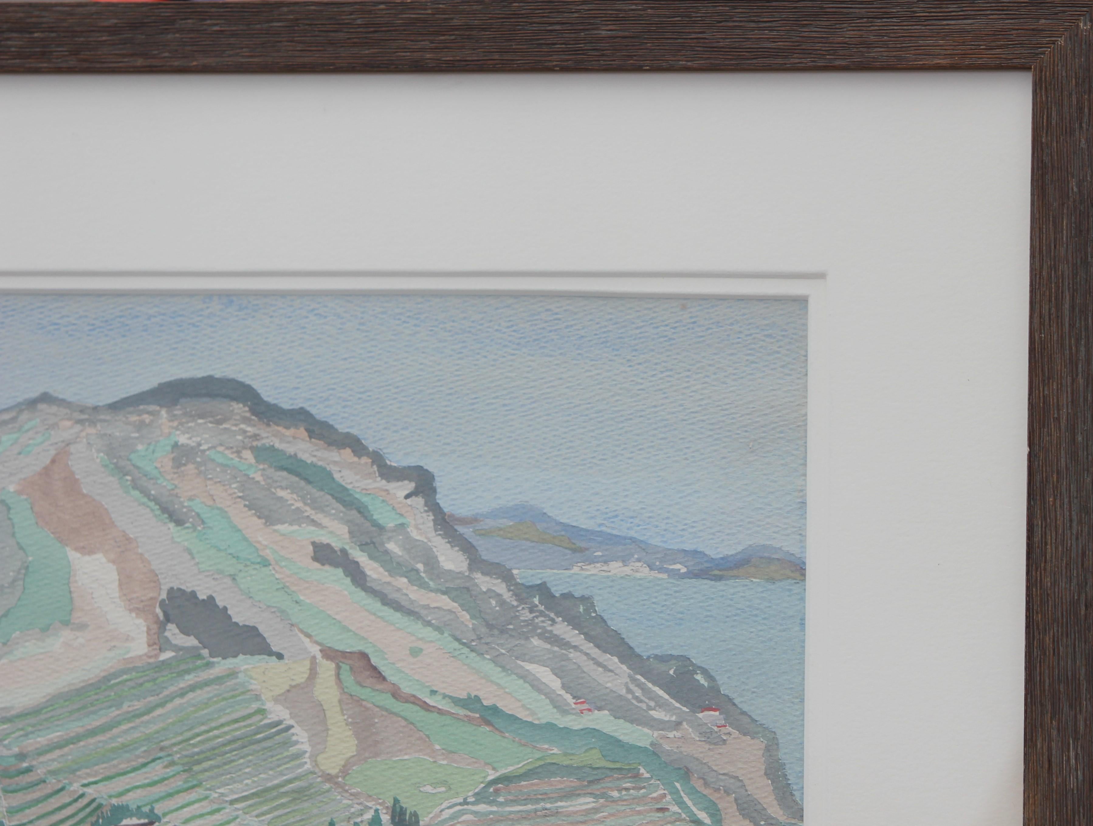 Pastel Blue and Green Toned Abstract Watercolor Mountainous Seaside Landscape For Sale 1