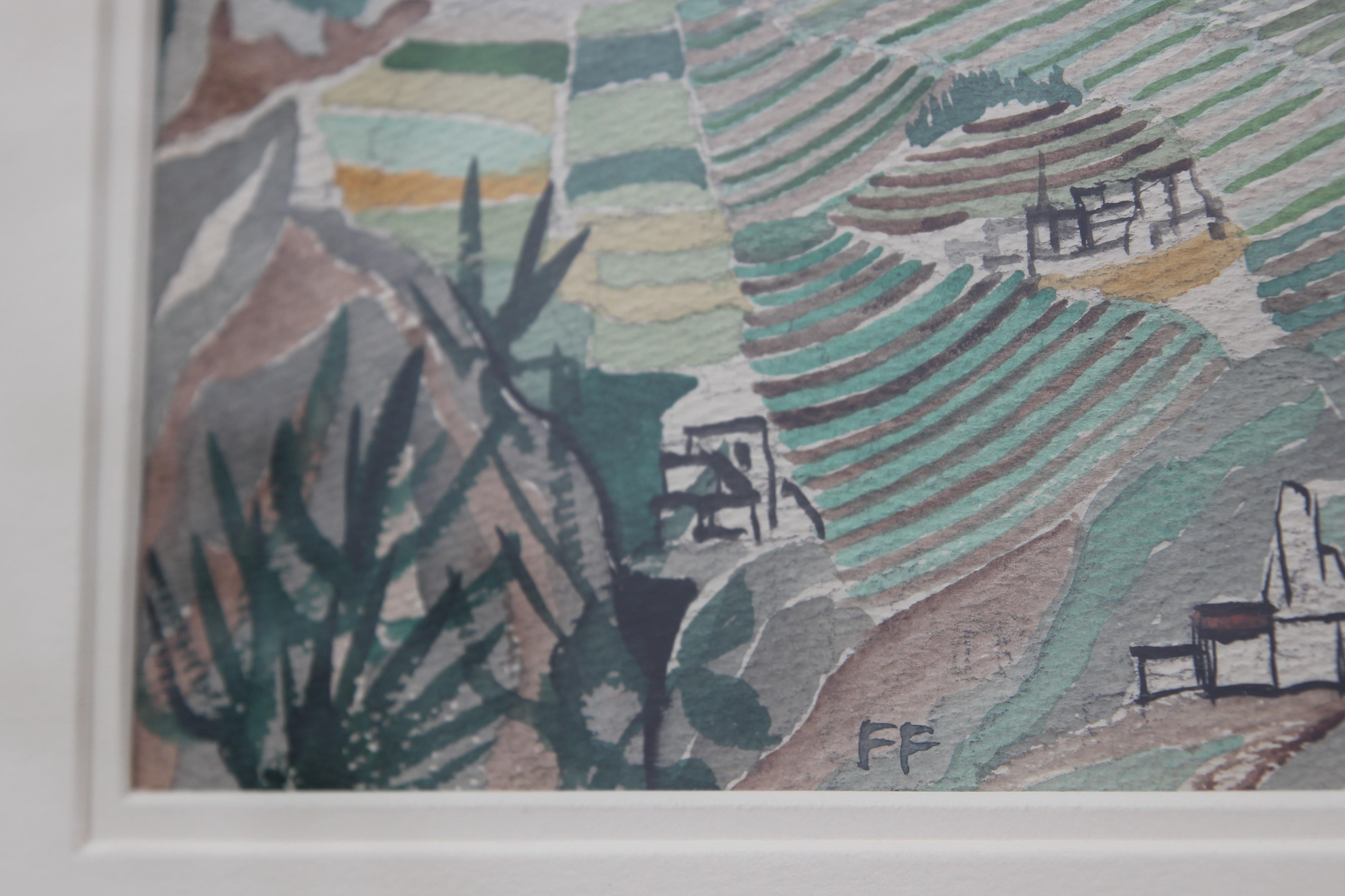 Pastel Blue and Green Toned Abstract Watercolor Mountainous Seaside Landscape - Gray Landscape Art by Frank Freed
